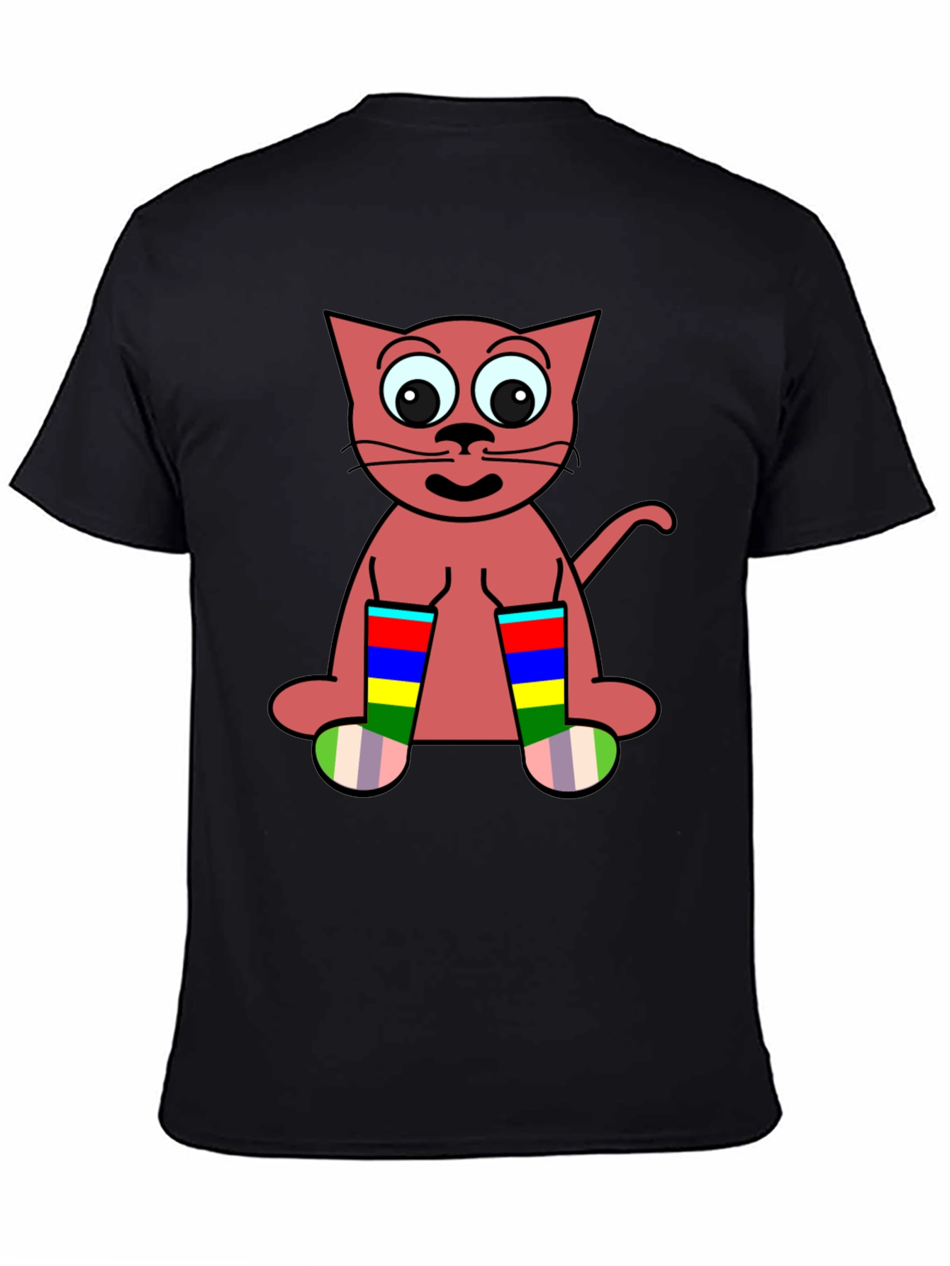 Cartoon Cat Rainbow Socks Black T-Shirt