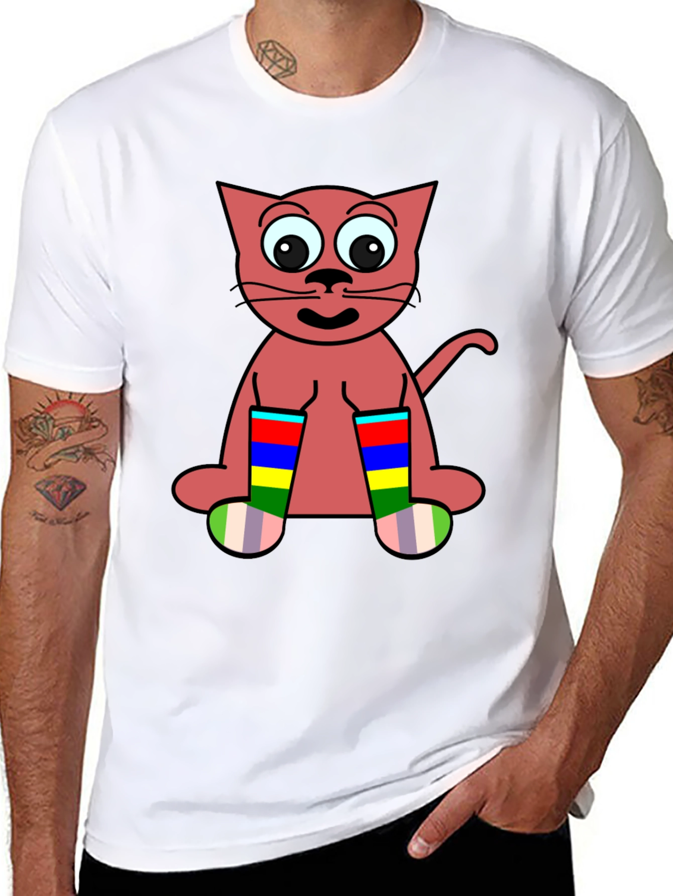 Cartoon Cat Rainbow Socks Black T-Shirt