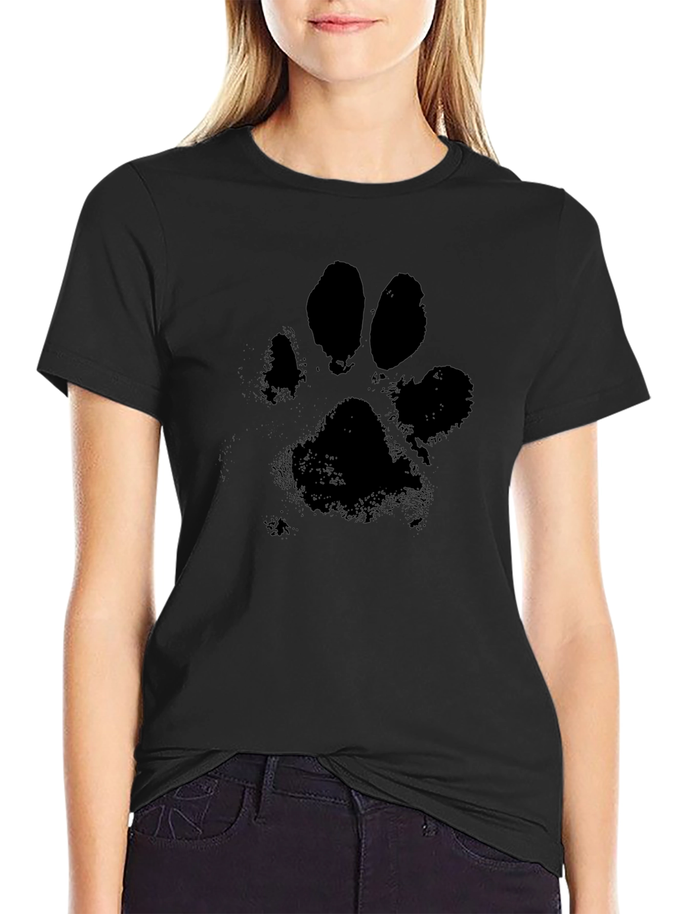 Black T-Shirt with Paw Print Graphic