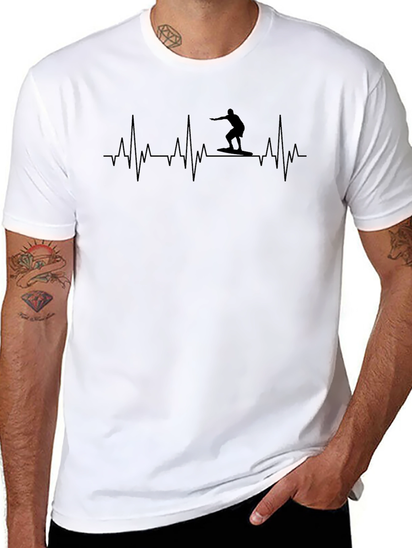 Surfing Heartbeat Graphic Tee - Black Cotton T-Shirt