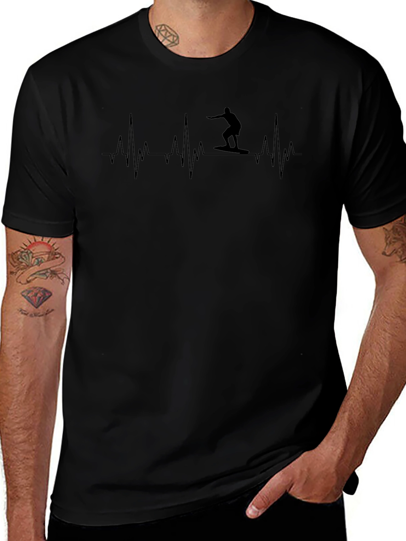 Surfing Heartbeat Graphic Tee - Black Cotton T-Shirt