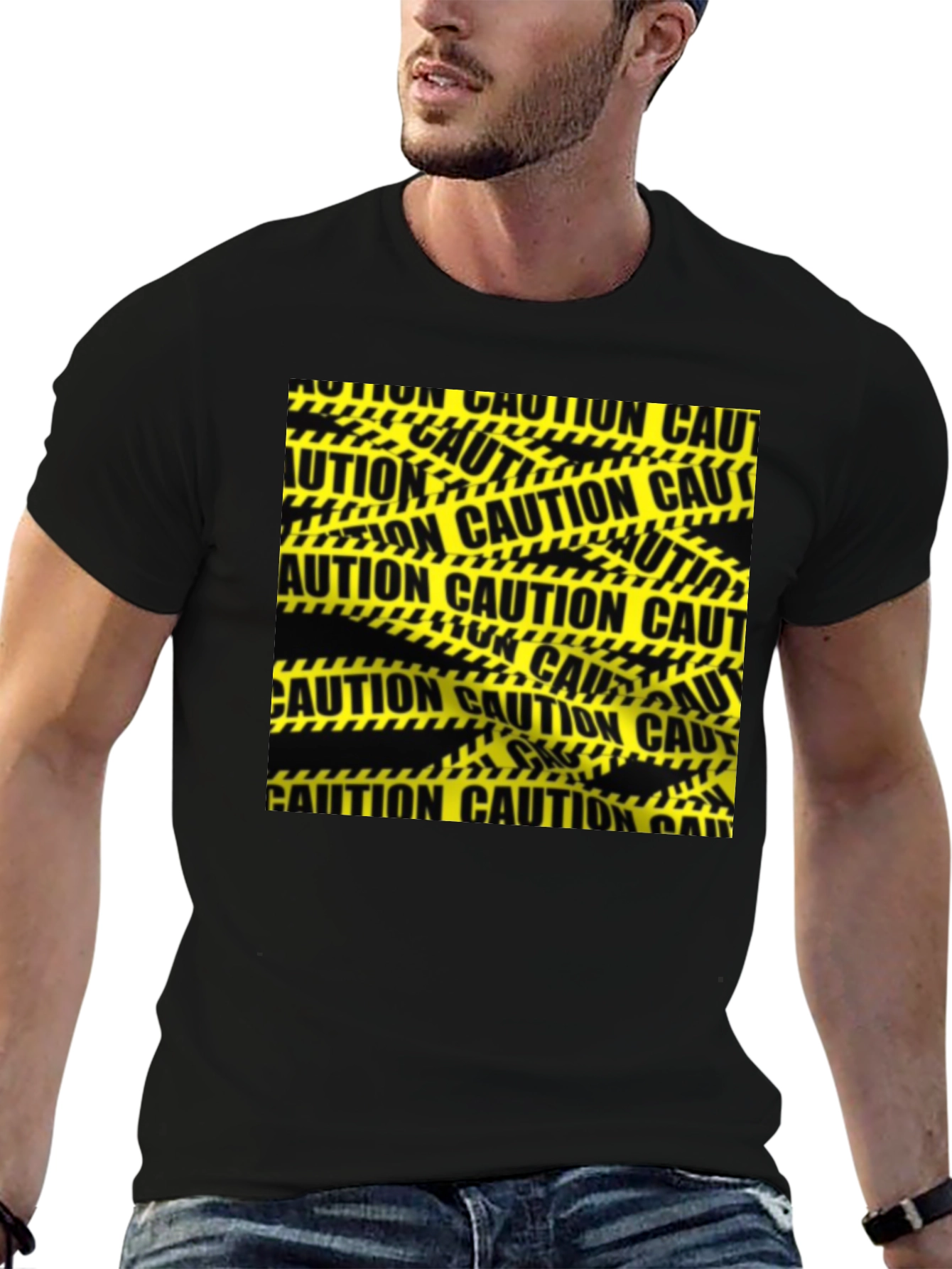 Caution Tape Graphic Tee - Black Cotton Casual T-Shirt