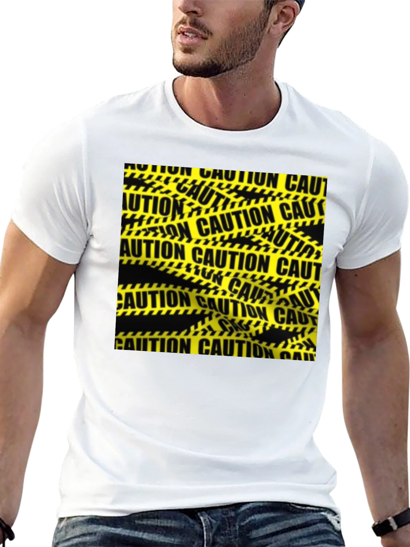 Caution Tape Graphic Tee - Black Cotton Casual T-Shirt