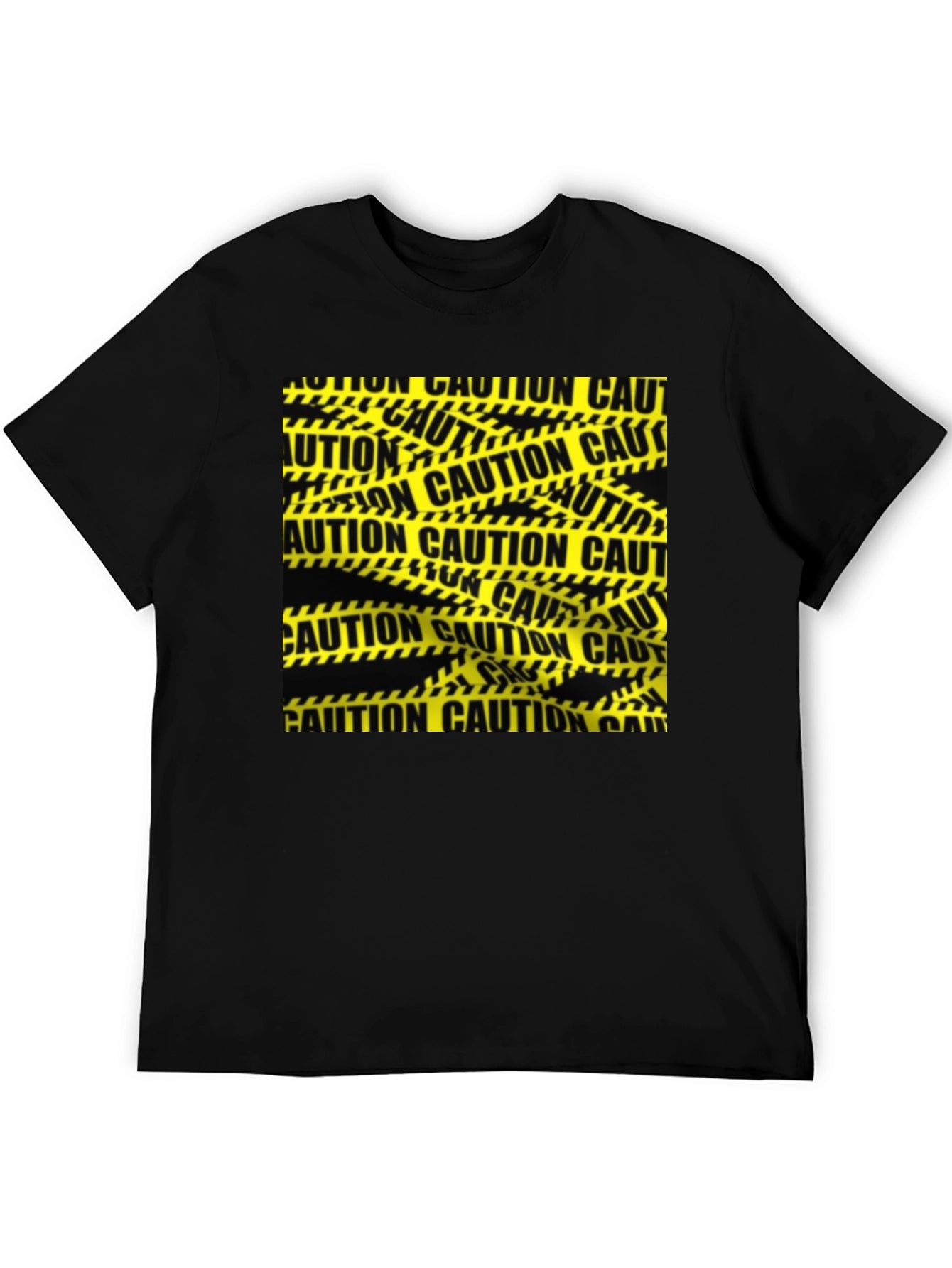 Caution Tape Graphic Tee - Black Cotton Casual T-Shirt