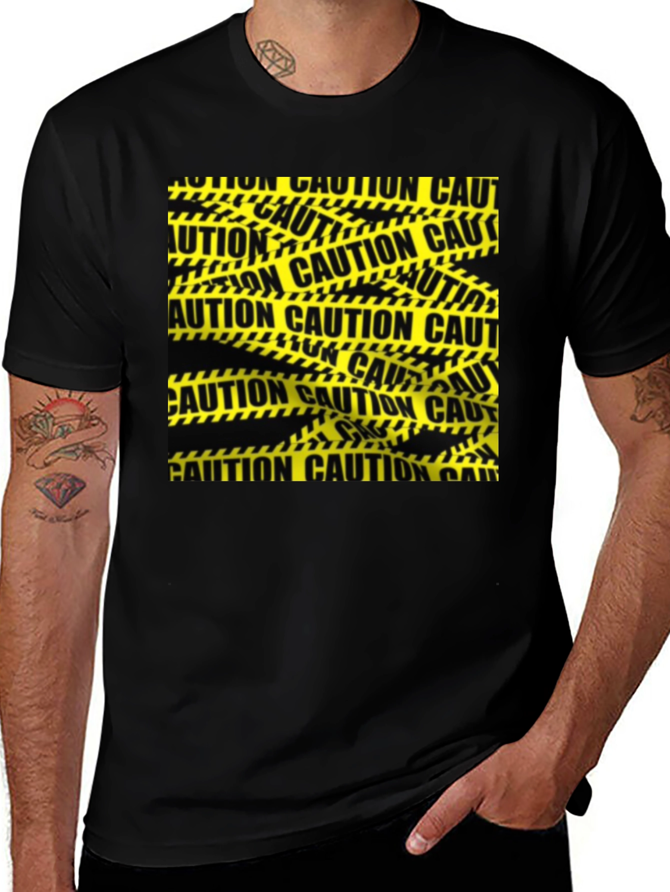 Caution Tape Graphic Tee - Black Cotton Casual T-Shirt