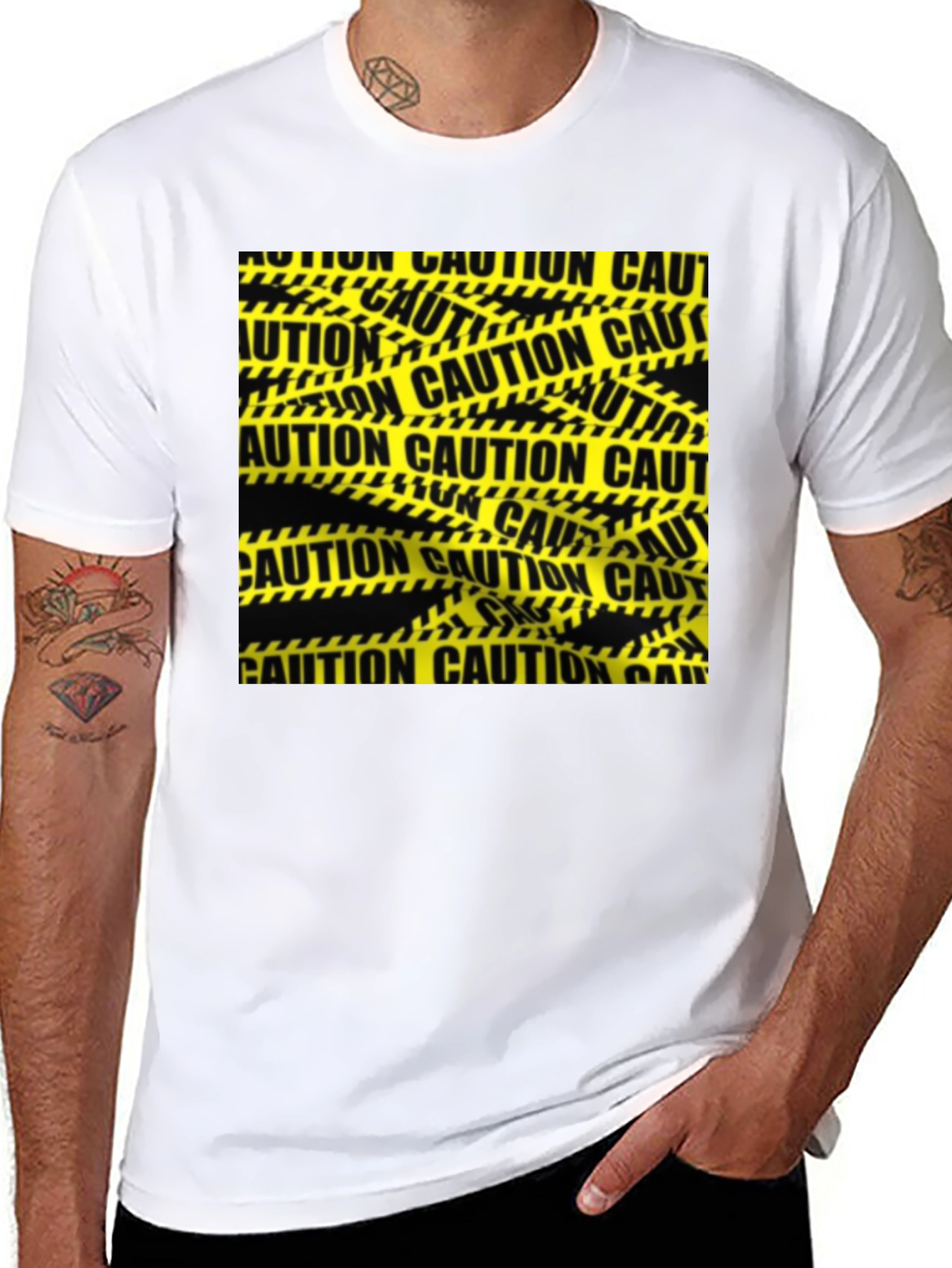 Caution Tape Graphic Tee - Black Cotton Casual T-Shirt
