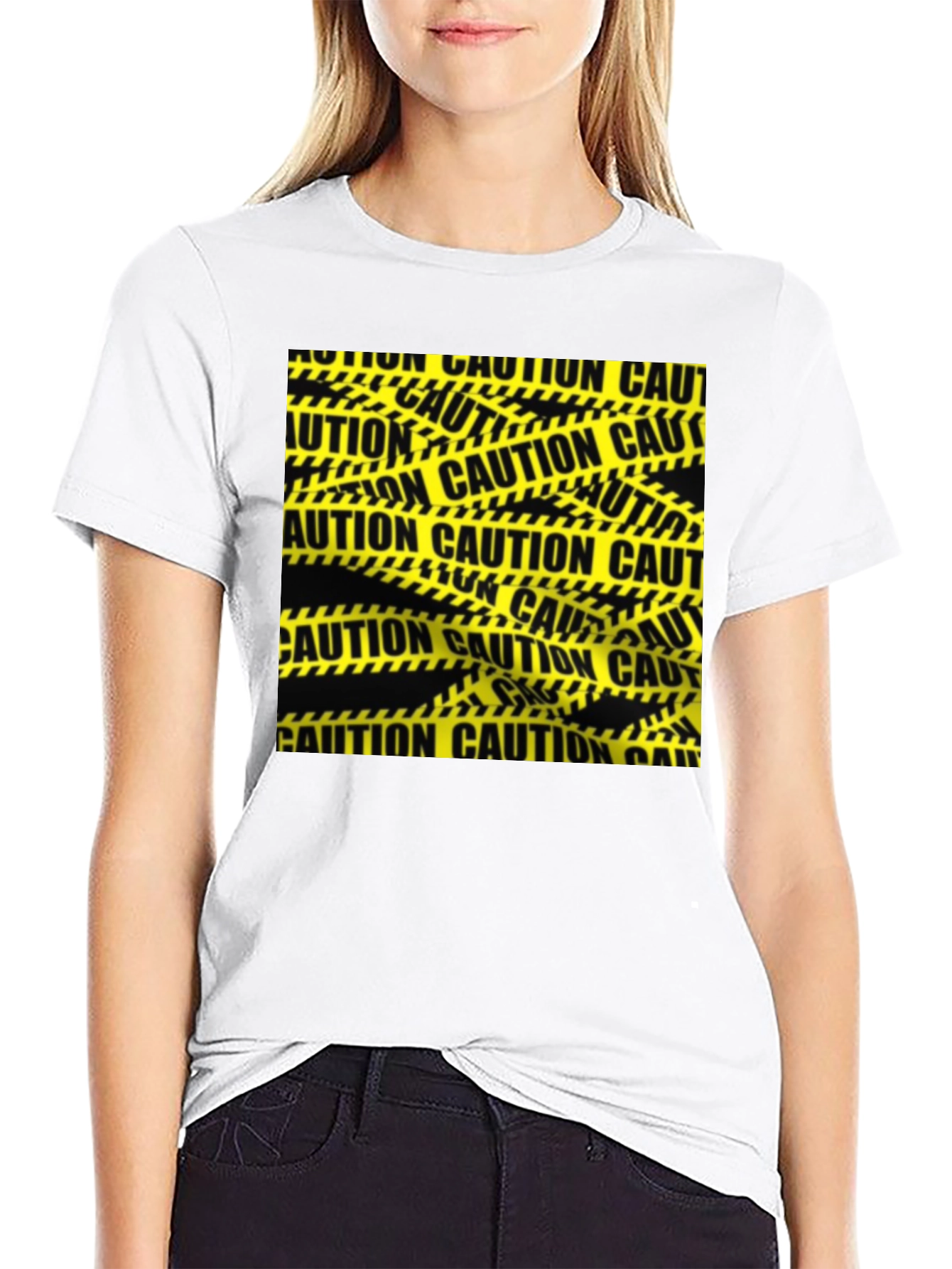 Caution Tape Graphic Tee - Black Cotton Casual T-Shirt