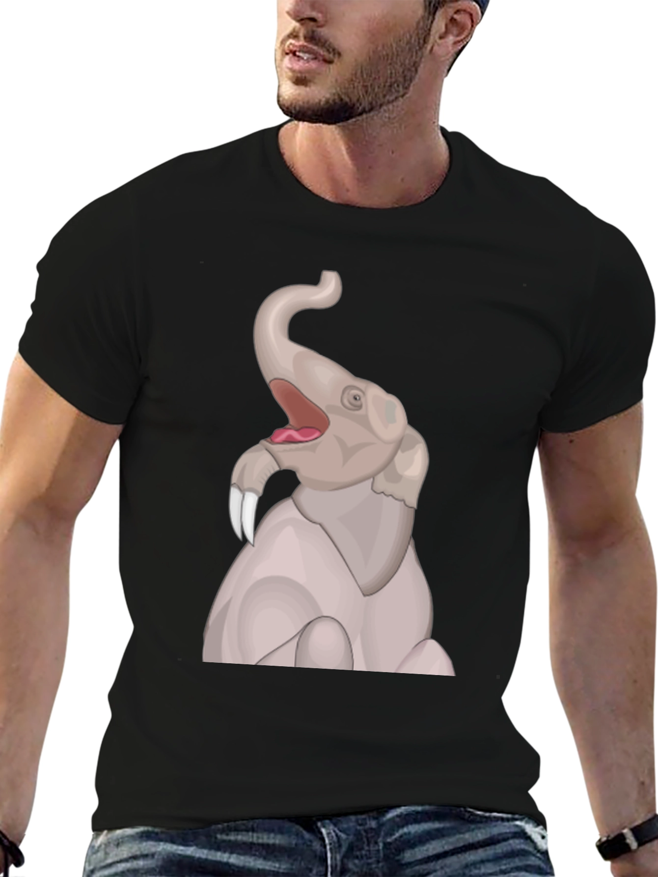 Elephant Cartoon Graphic T-Shirt - Black
