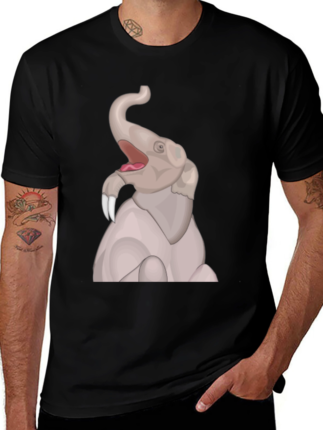 Elephant Cartoon Graphic T-Shirt - Black