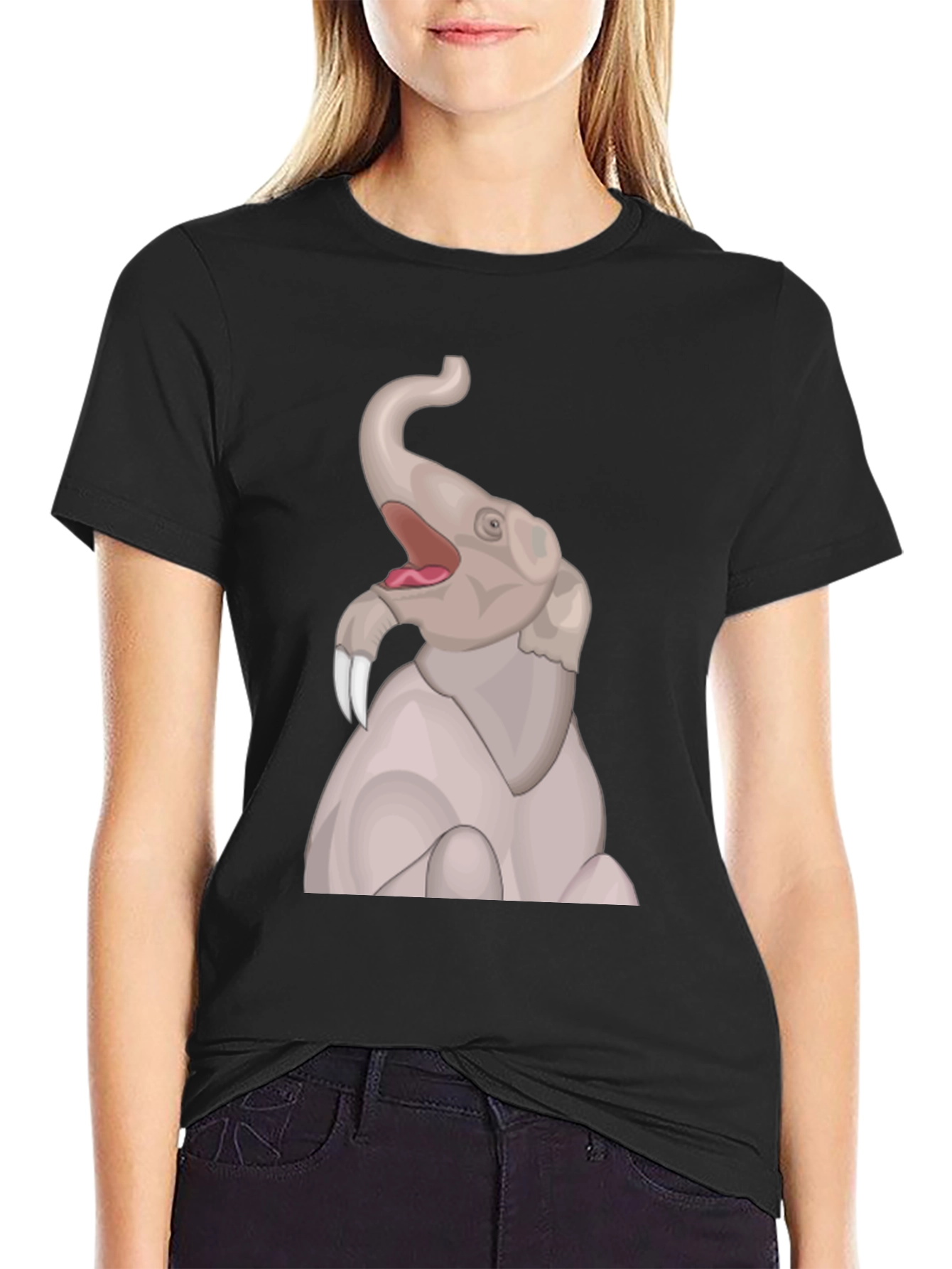 Elephant Cartoon Graphic T-Shirt - Black