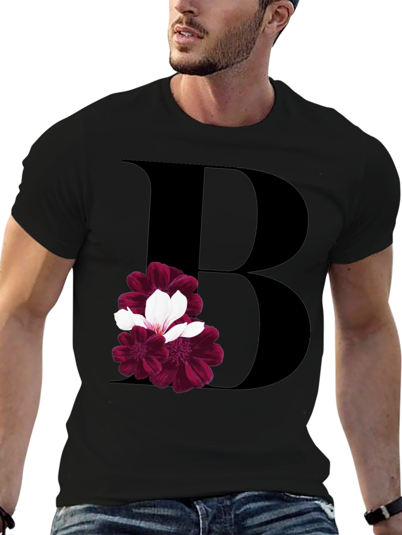 Floral Initial B Black T-Shirt