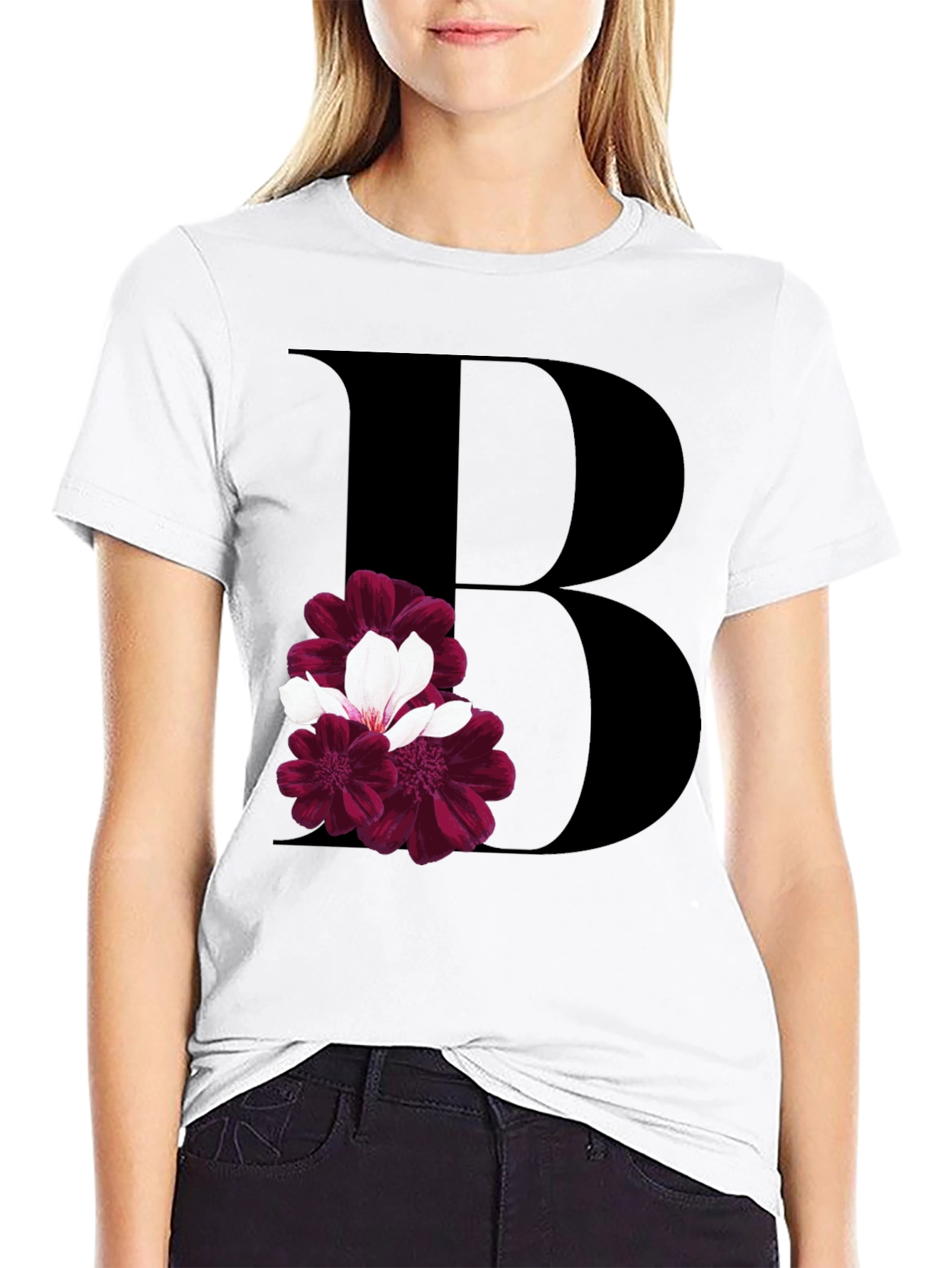 Floral Initial B Black T-Shirt