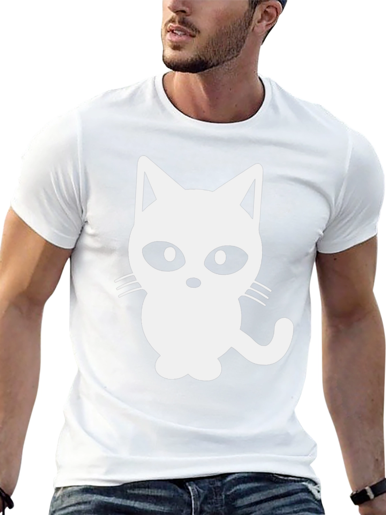 Black T-Shirt with White Cat Graphic