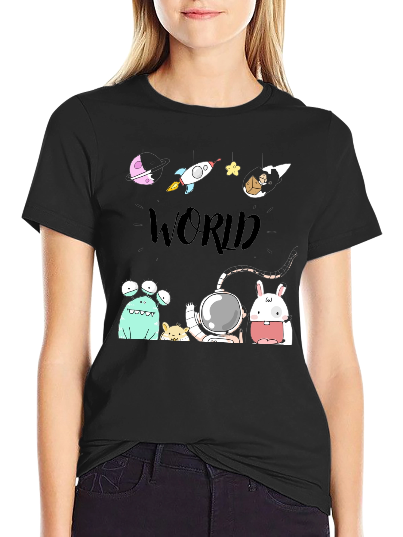 Cartoon Space World Black Graphic Tee
