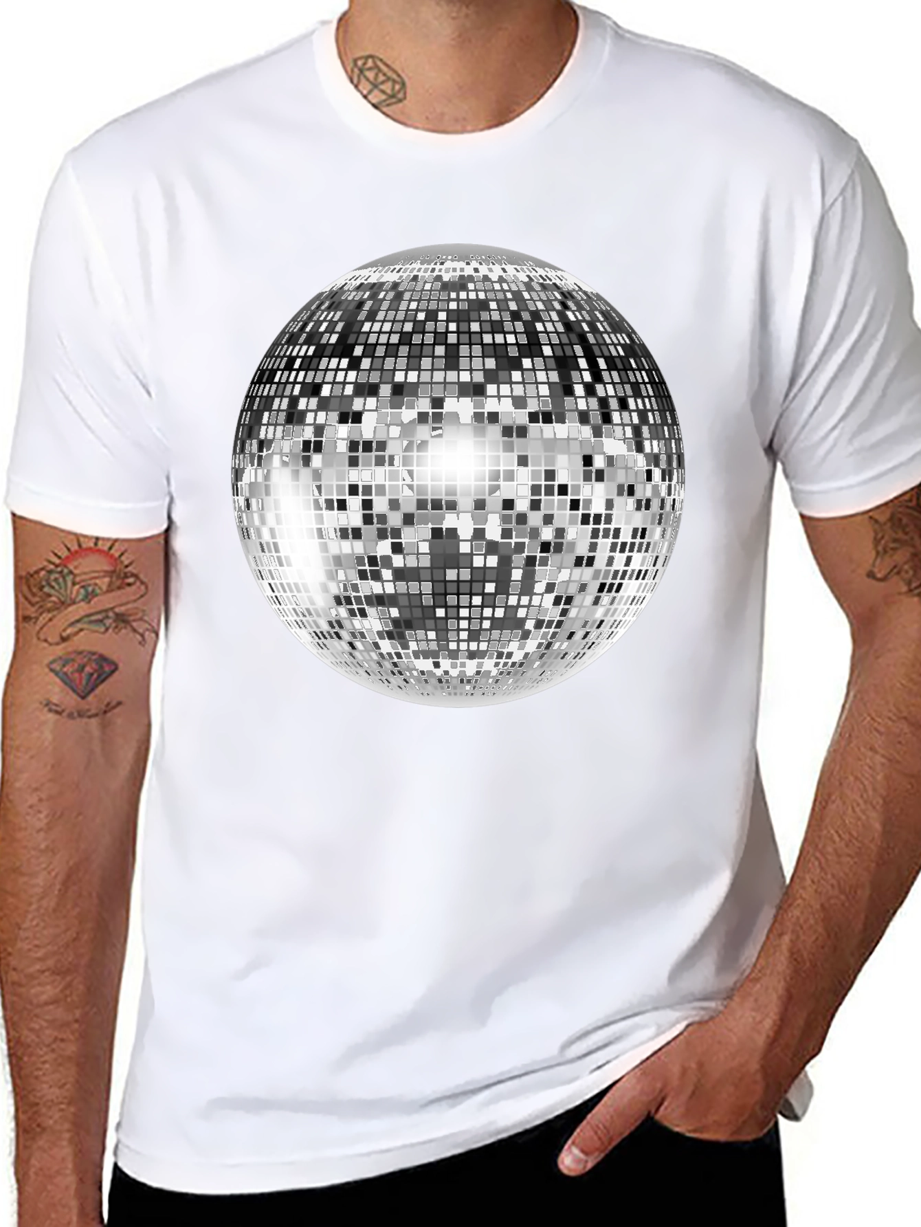 Retro Disco Ball Graphic Tee - Black Cotton Blend