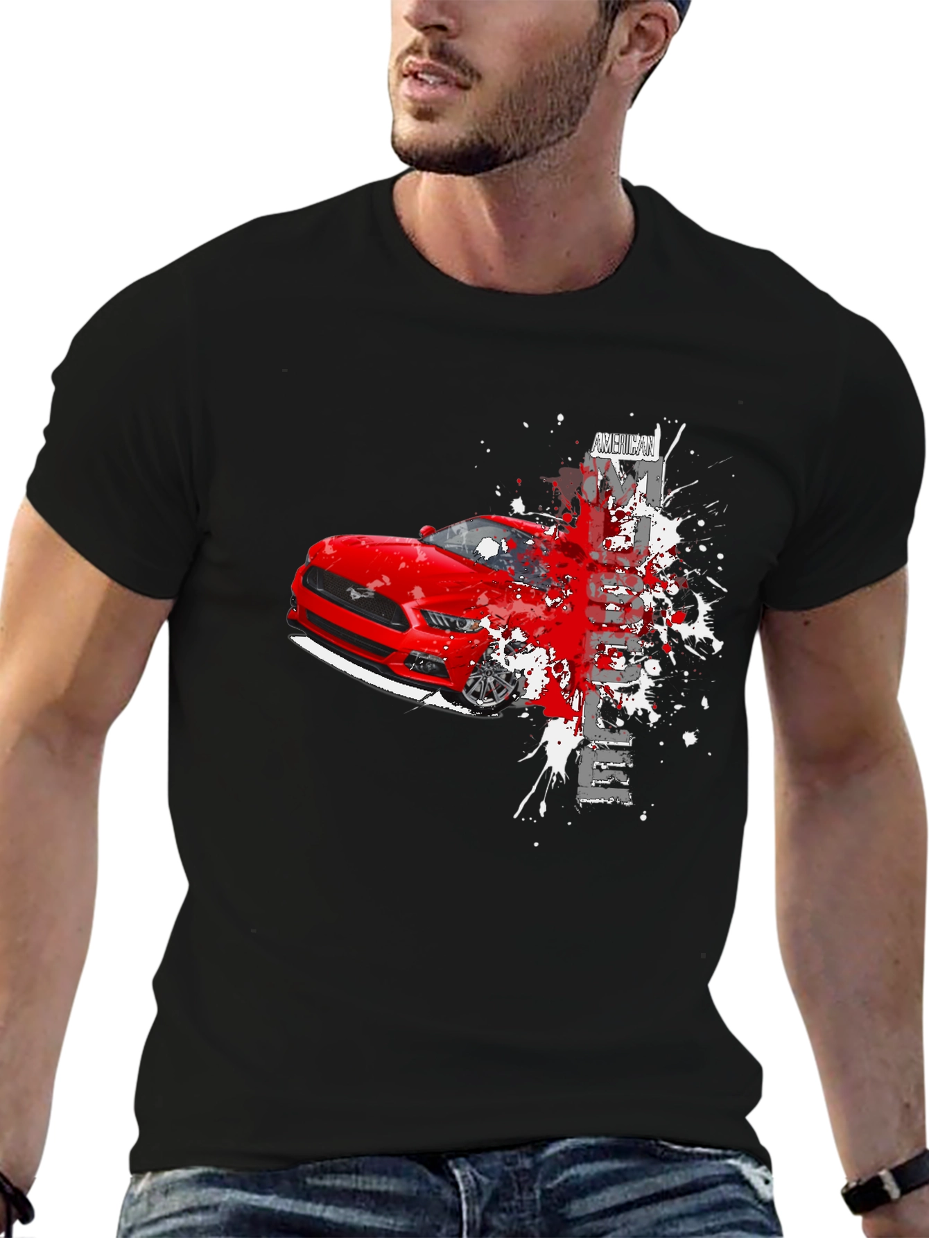 Mustang Graphic Tee - Mens Black Cotton T-Shirt