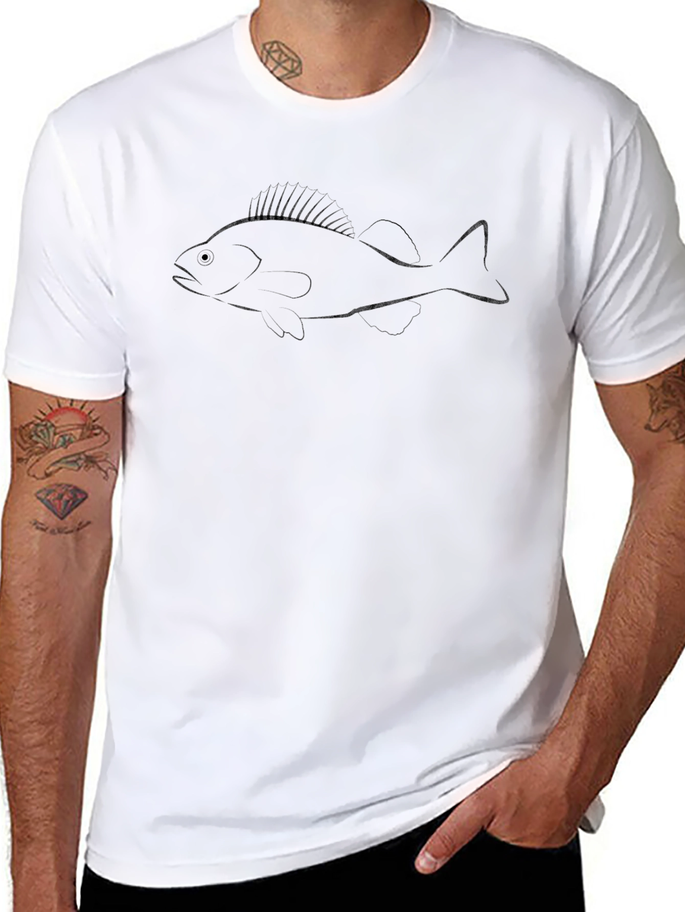 Mens Black T-Shirt with Fish Outline Design