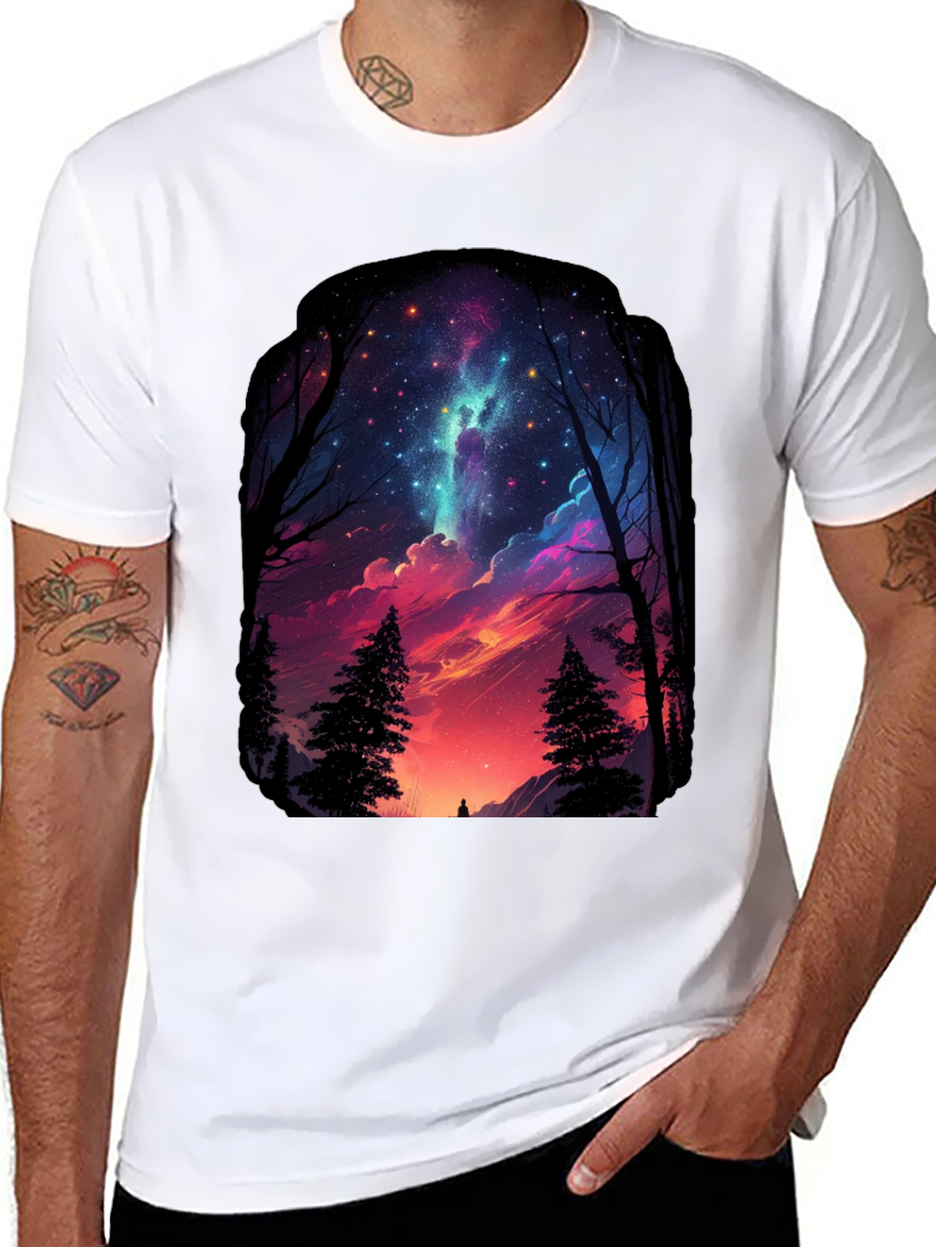 Starry Night Forest Graphic Tee - Black