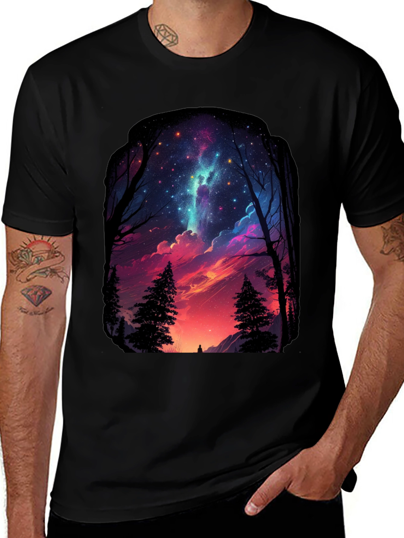 Starry Night Forest Graphic Tee - Black