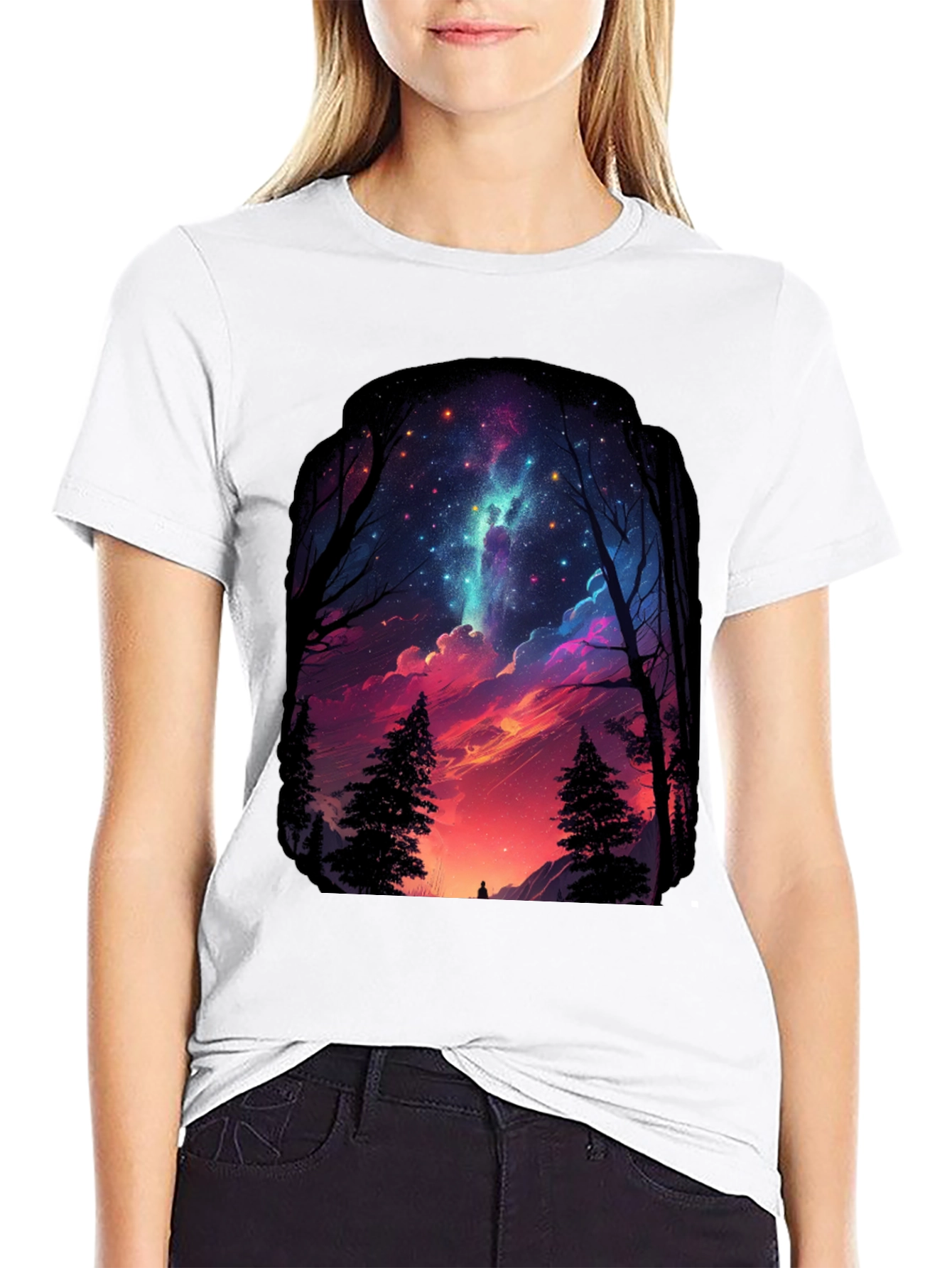 Starry Night Forest Graphic Tee - Black
