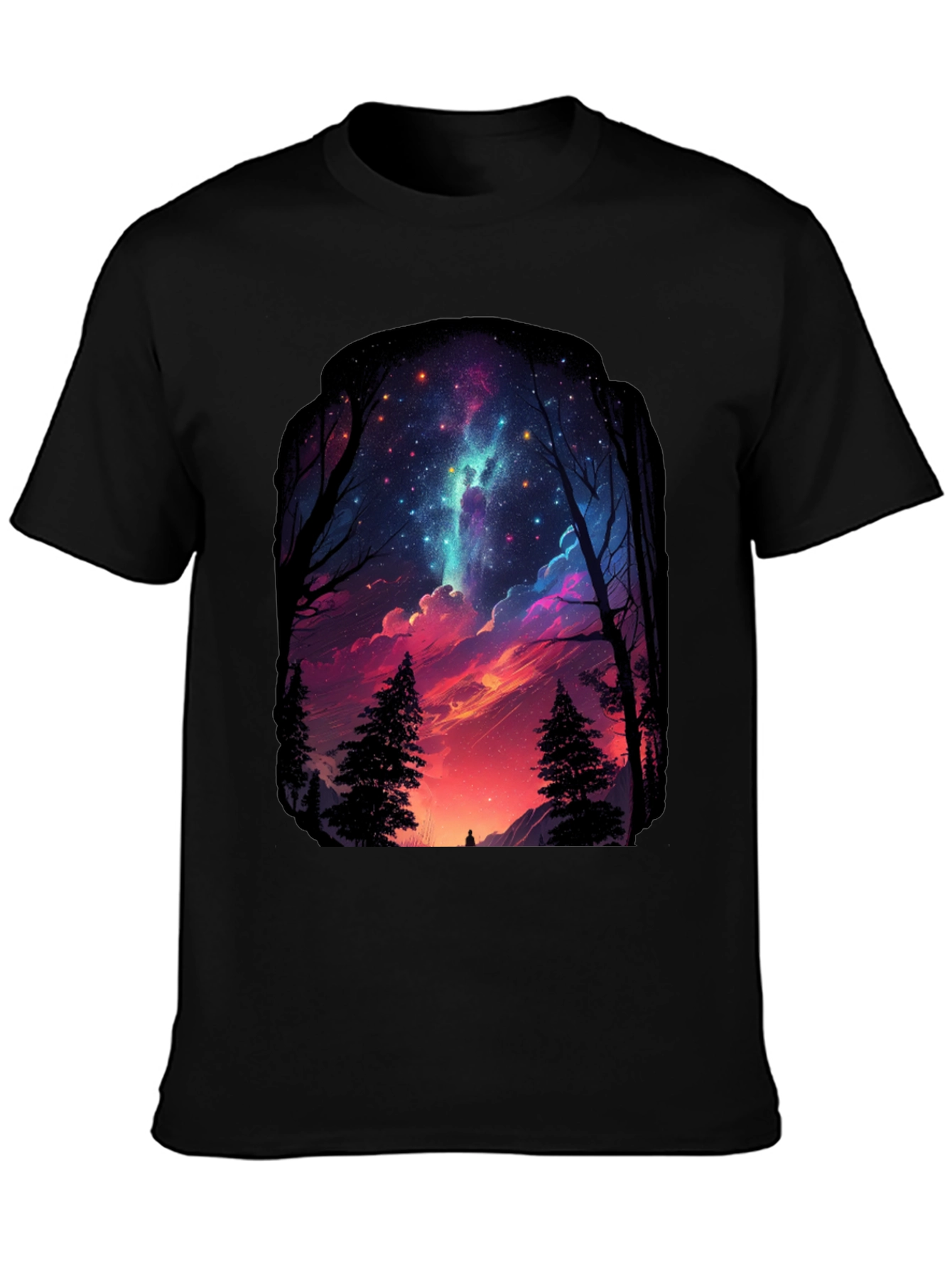 Starry Night Forest Graphic Tee - Black
