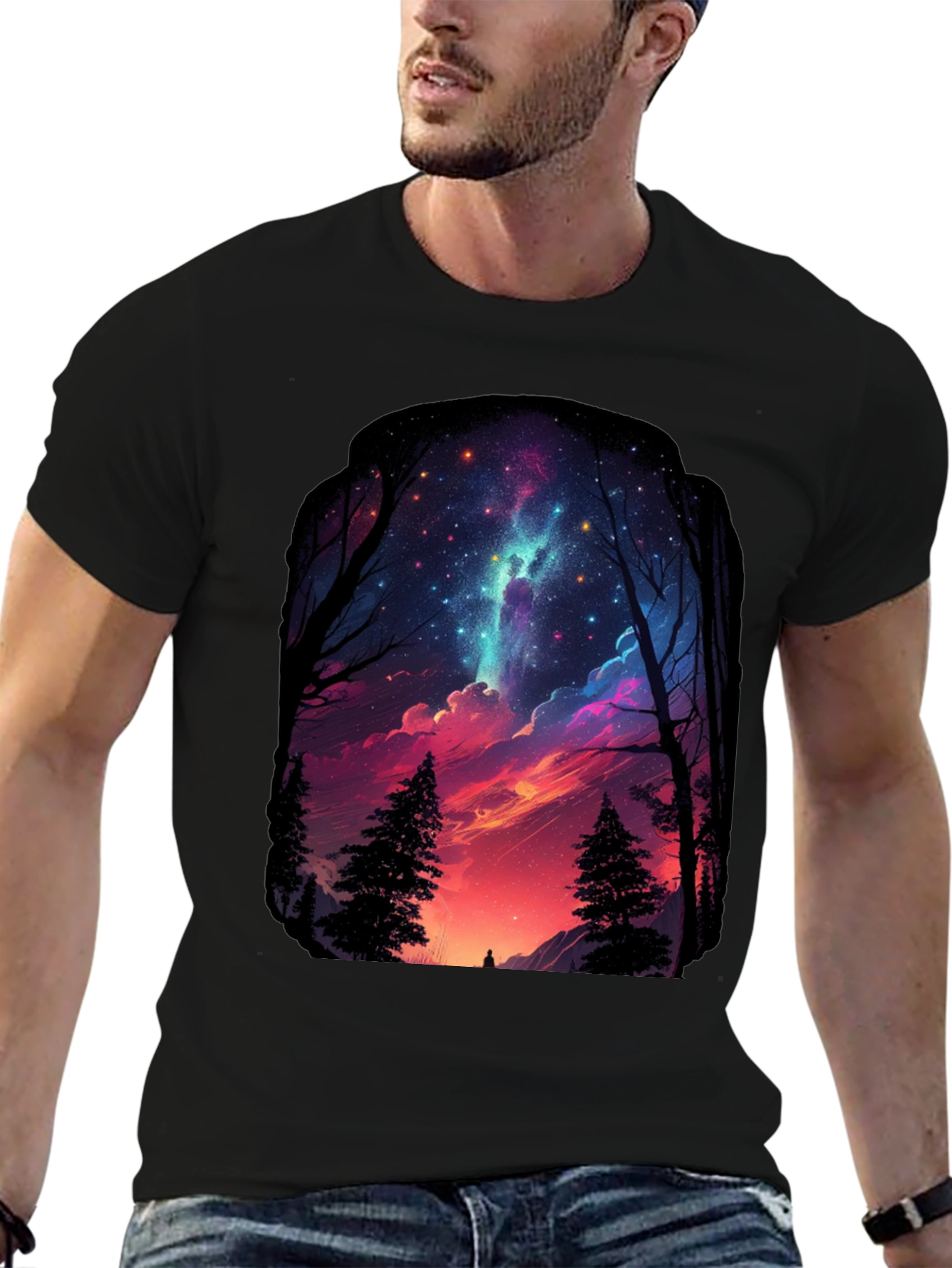 Starry Night Forest Graphic Tee - Black