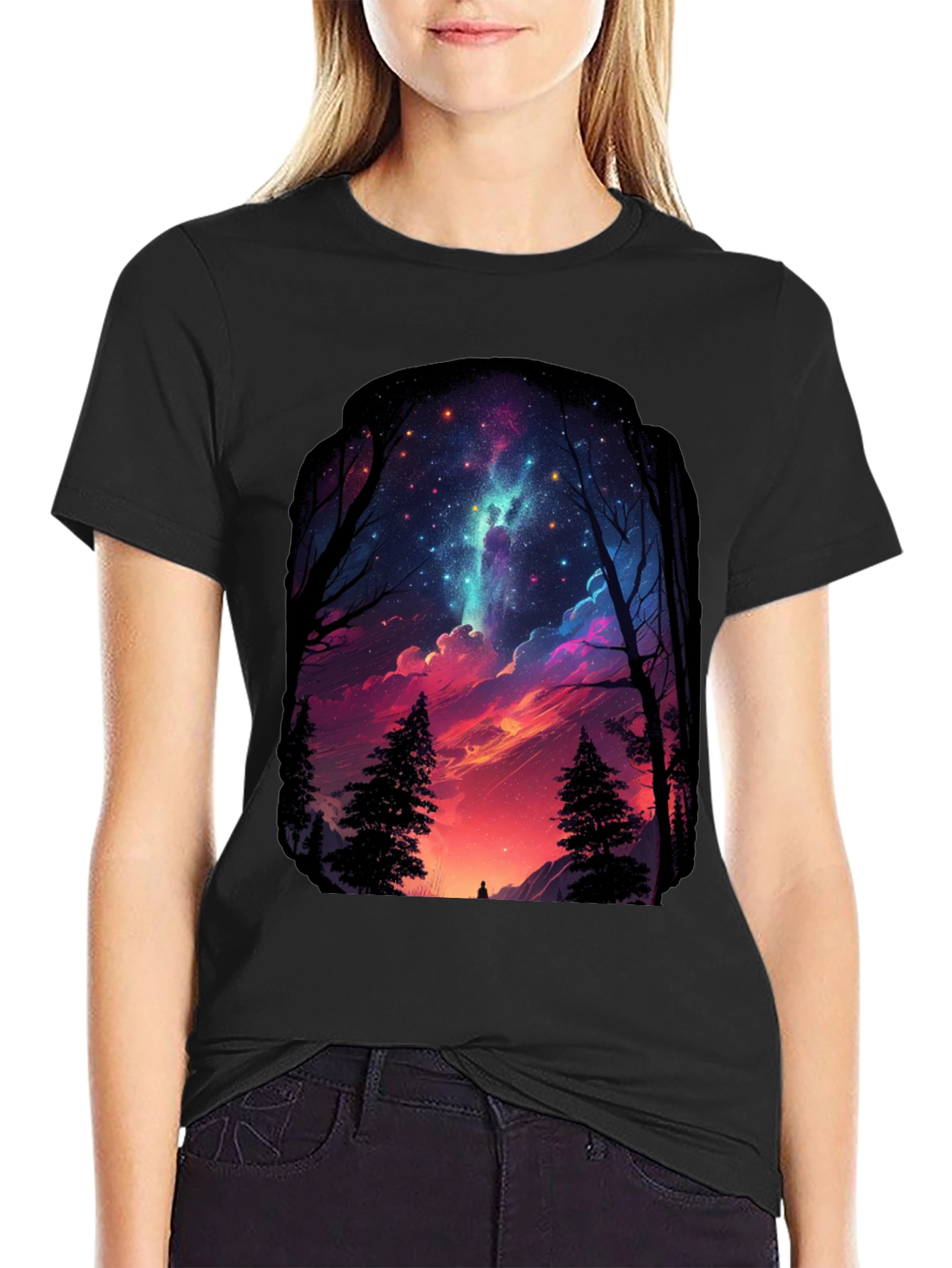 Starry Night Forest Graphic Tee - Black