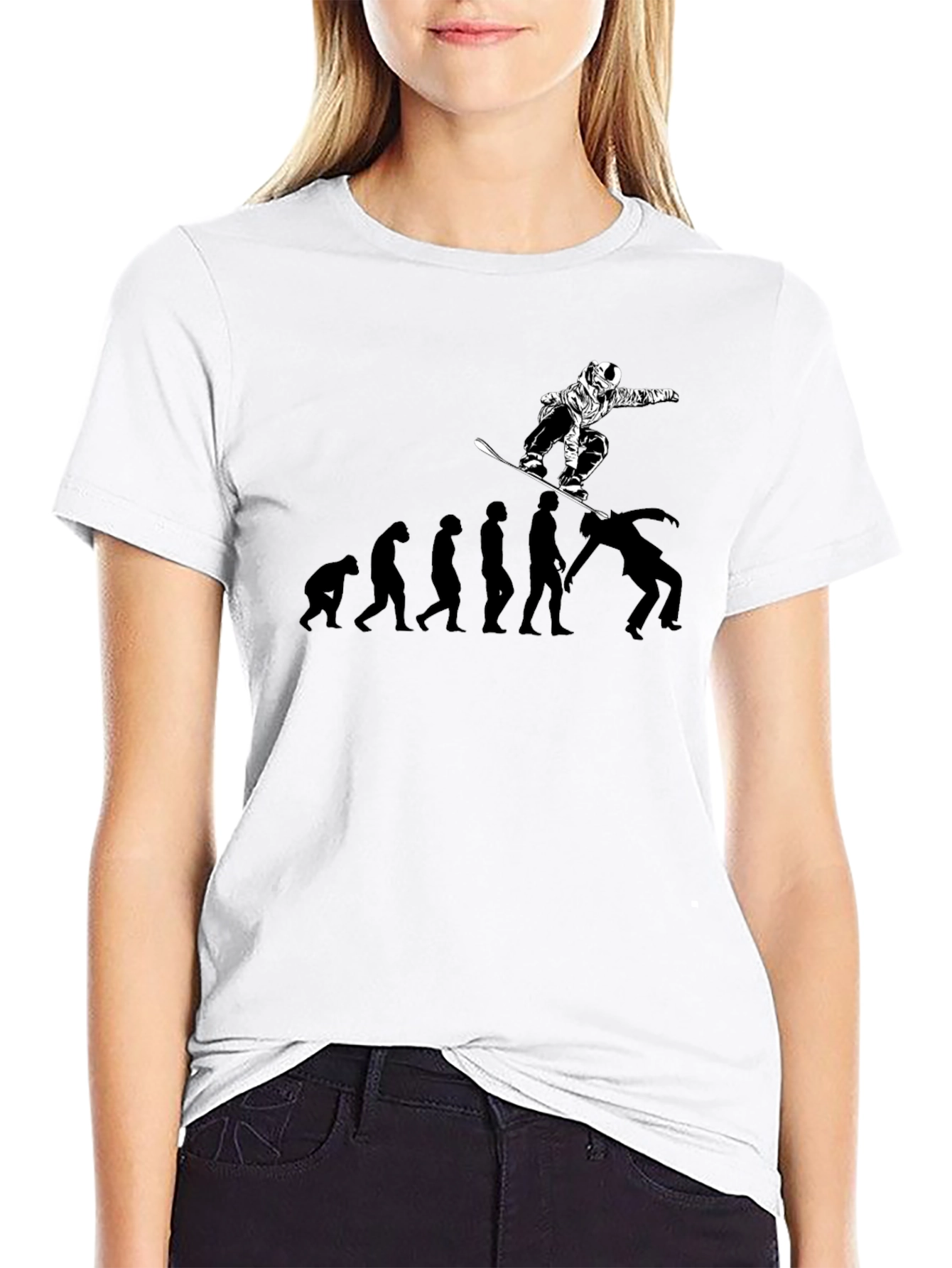 Snowboard Evolution T-Shirt: Black Crew Neck Graphic Tee