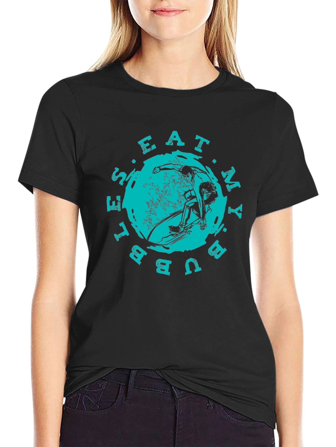 Eat My Bubbles Surfer Graphic Black T-Shirt