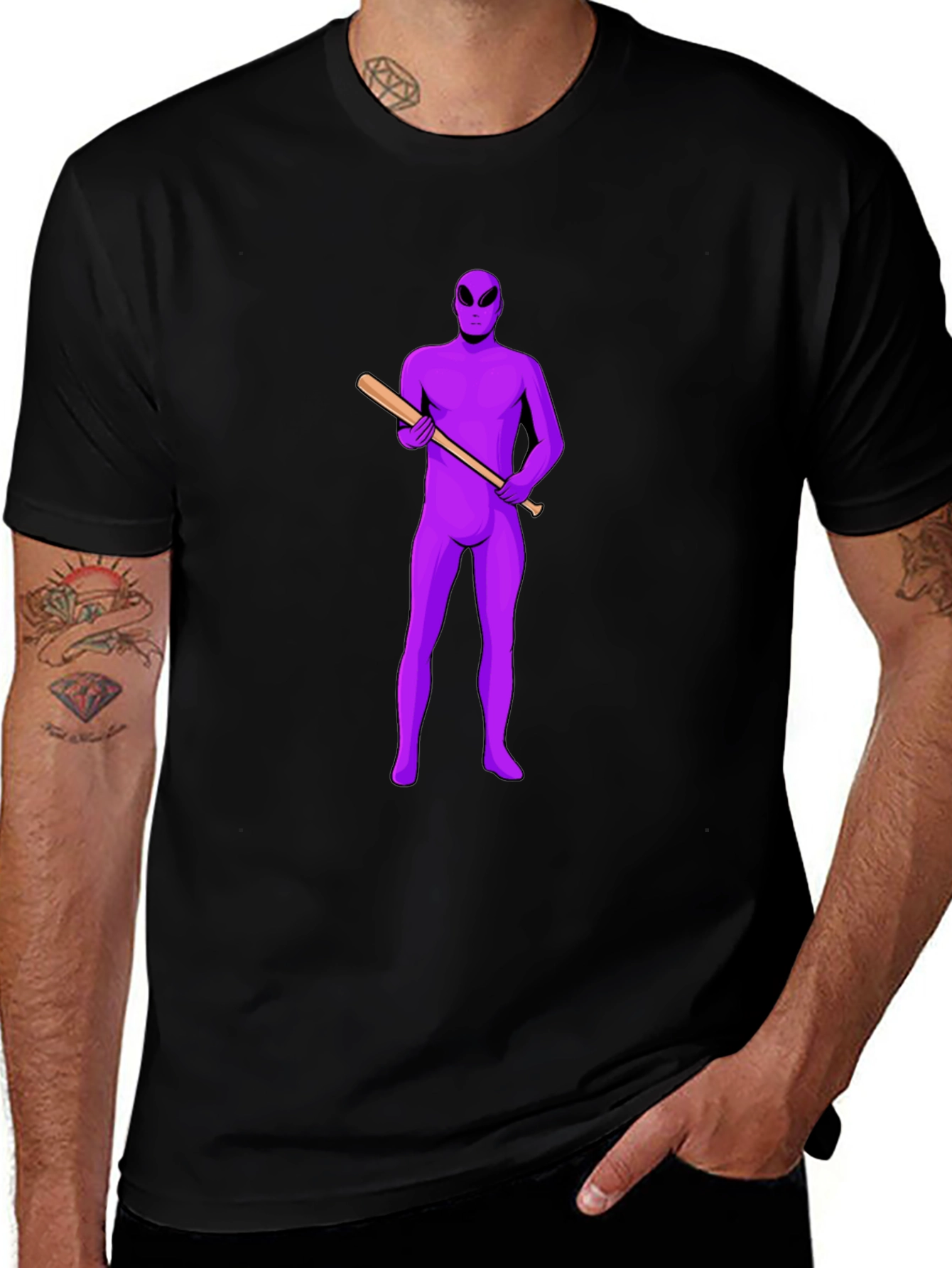 Purple Alien Baseball Tee - Mens Black T-Shirt
