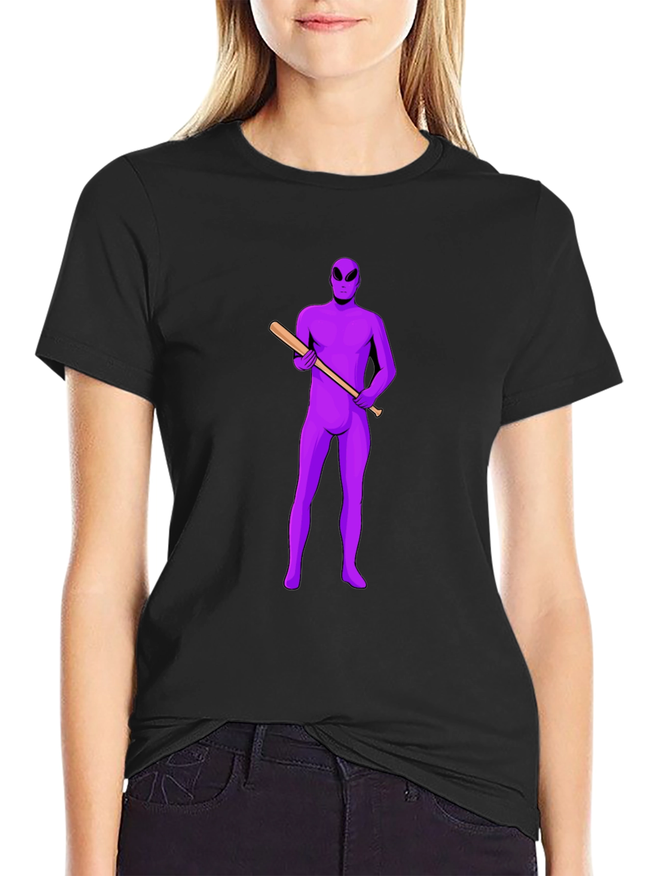 Purple Alien Baseball Tee - Mens Black T-Shirt