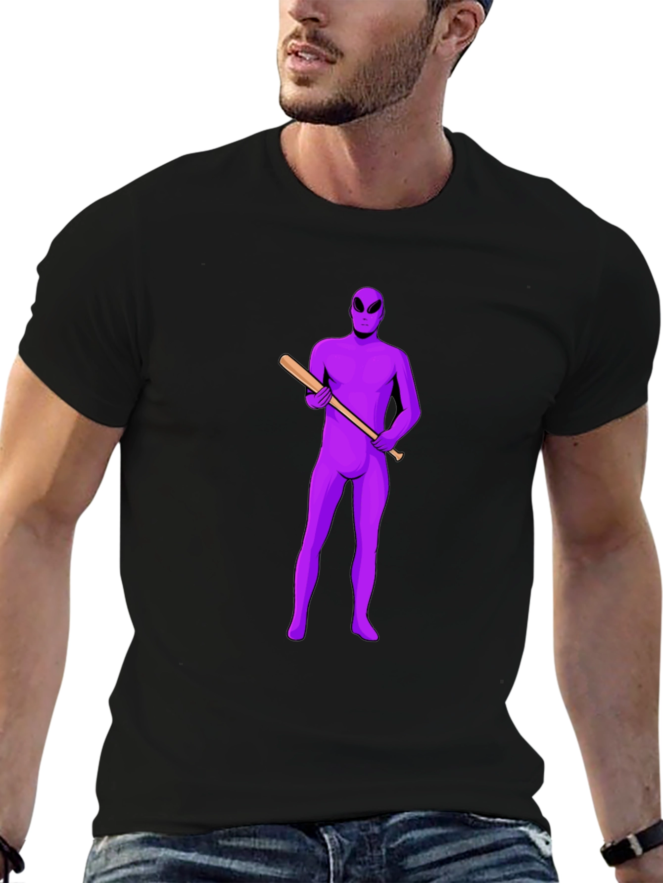 Purple Alien Baseball Tee - Mens Black T-Shirt