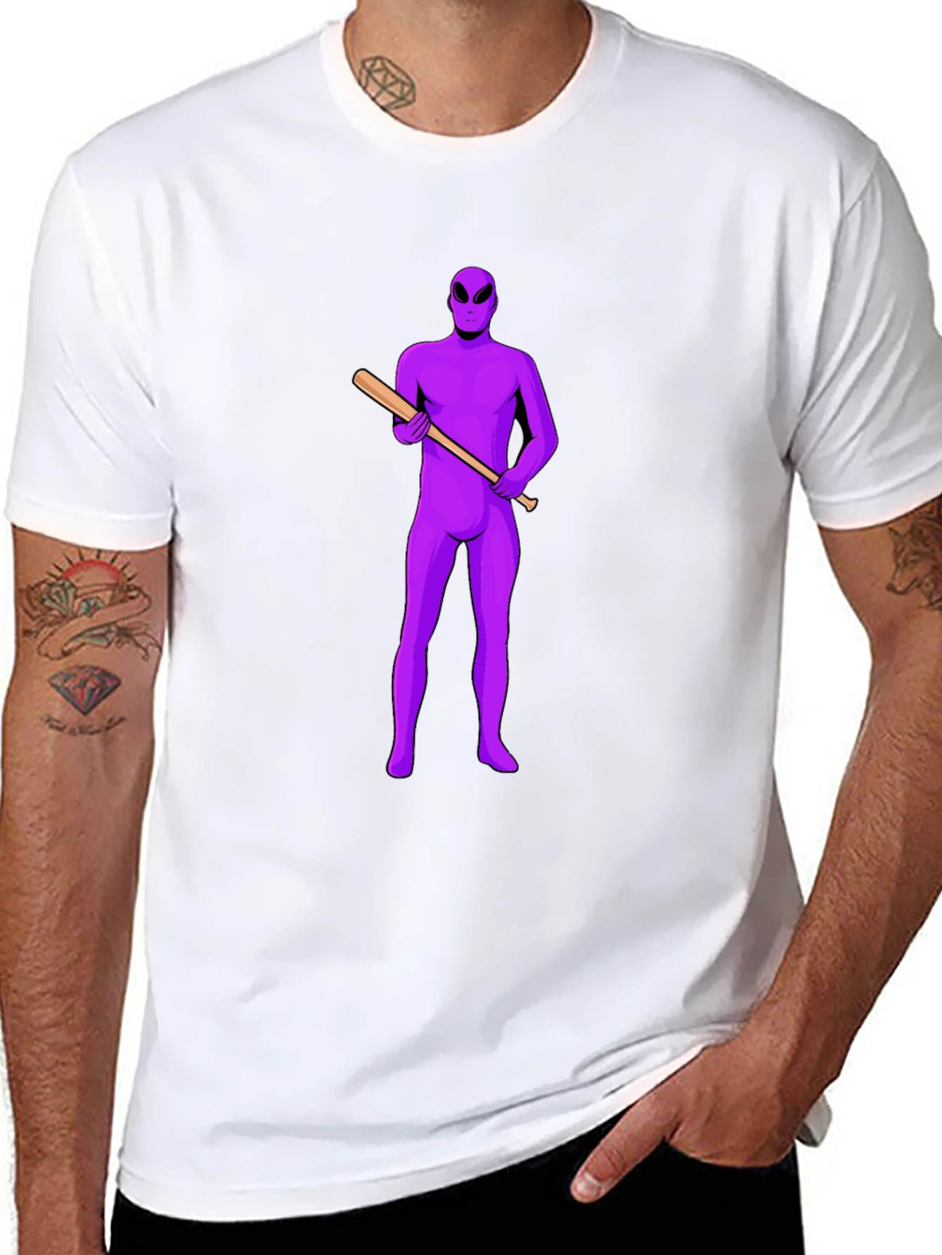 Purple Alien Baseball Tee - Mens Black T-Shirt