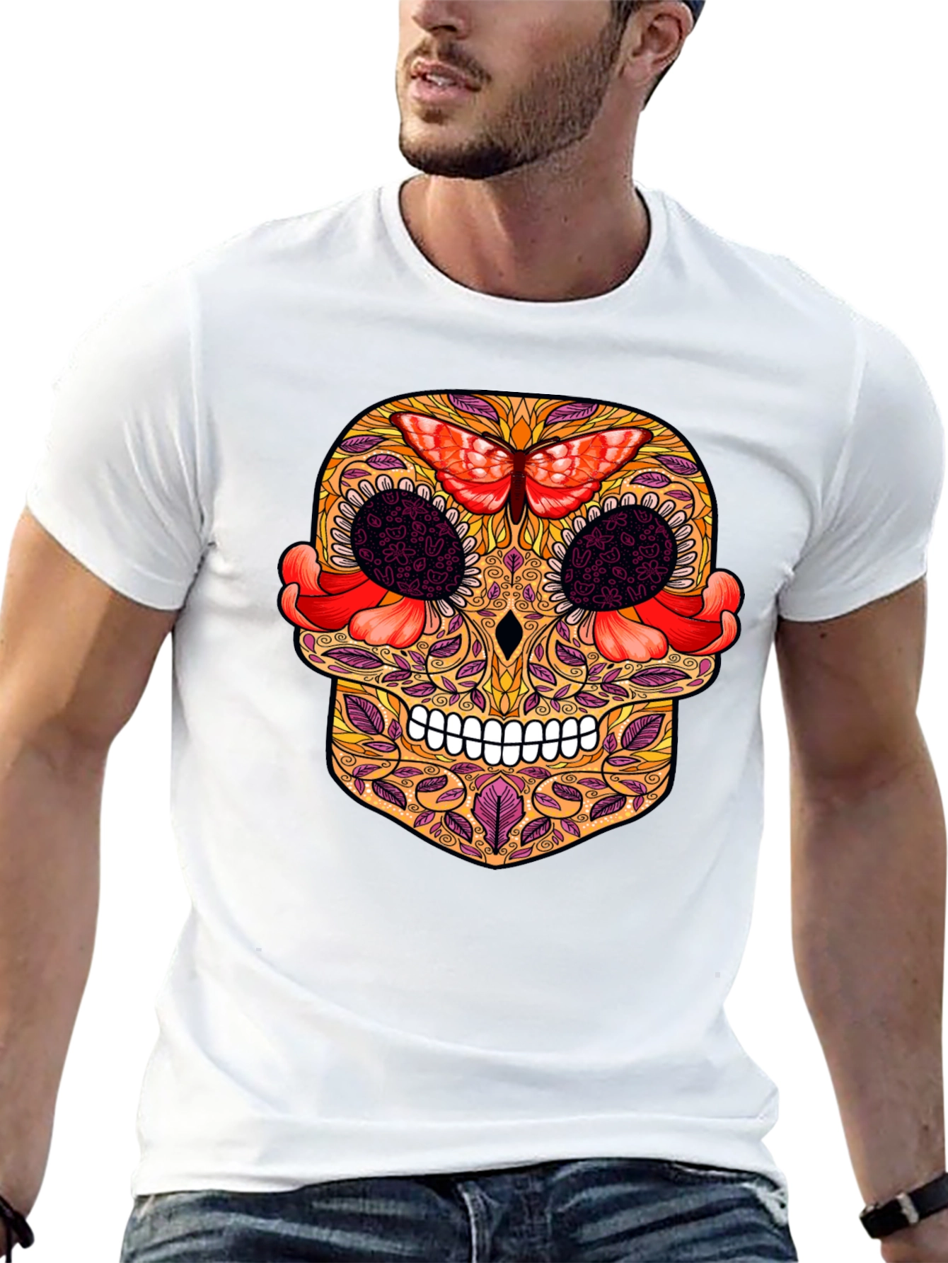 Sugar Skull T-Shirt with Butterfly Design
