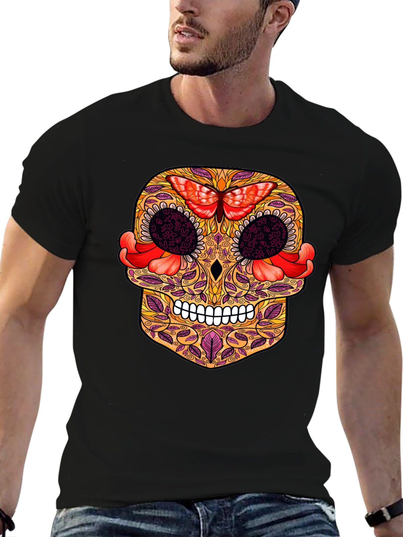 Sugar Skull T-Shirt with Butterfly Design