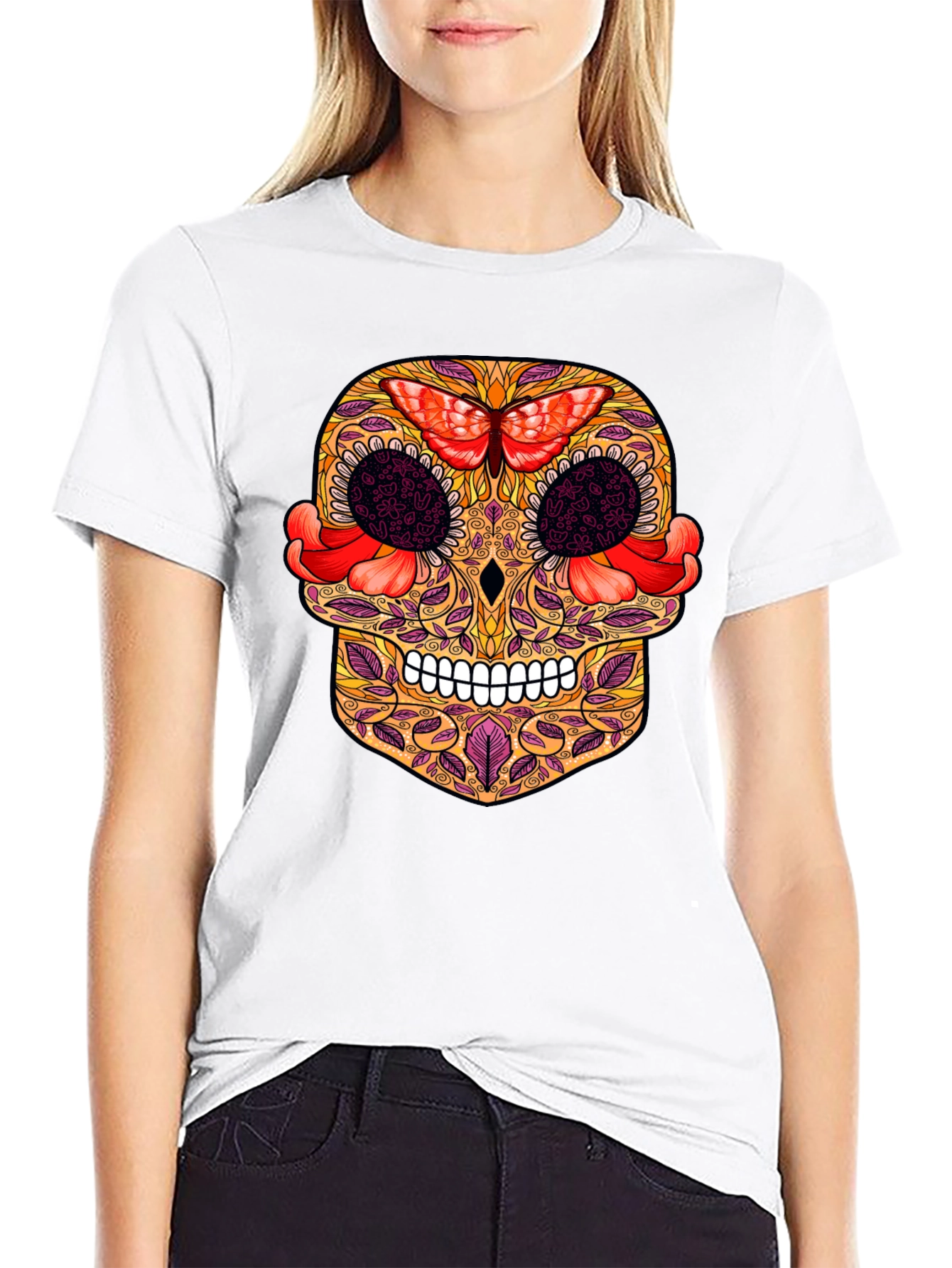 Sugar Skull T-Shirt with Butterfly Design