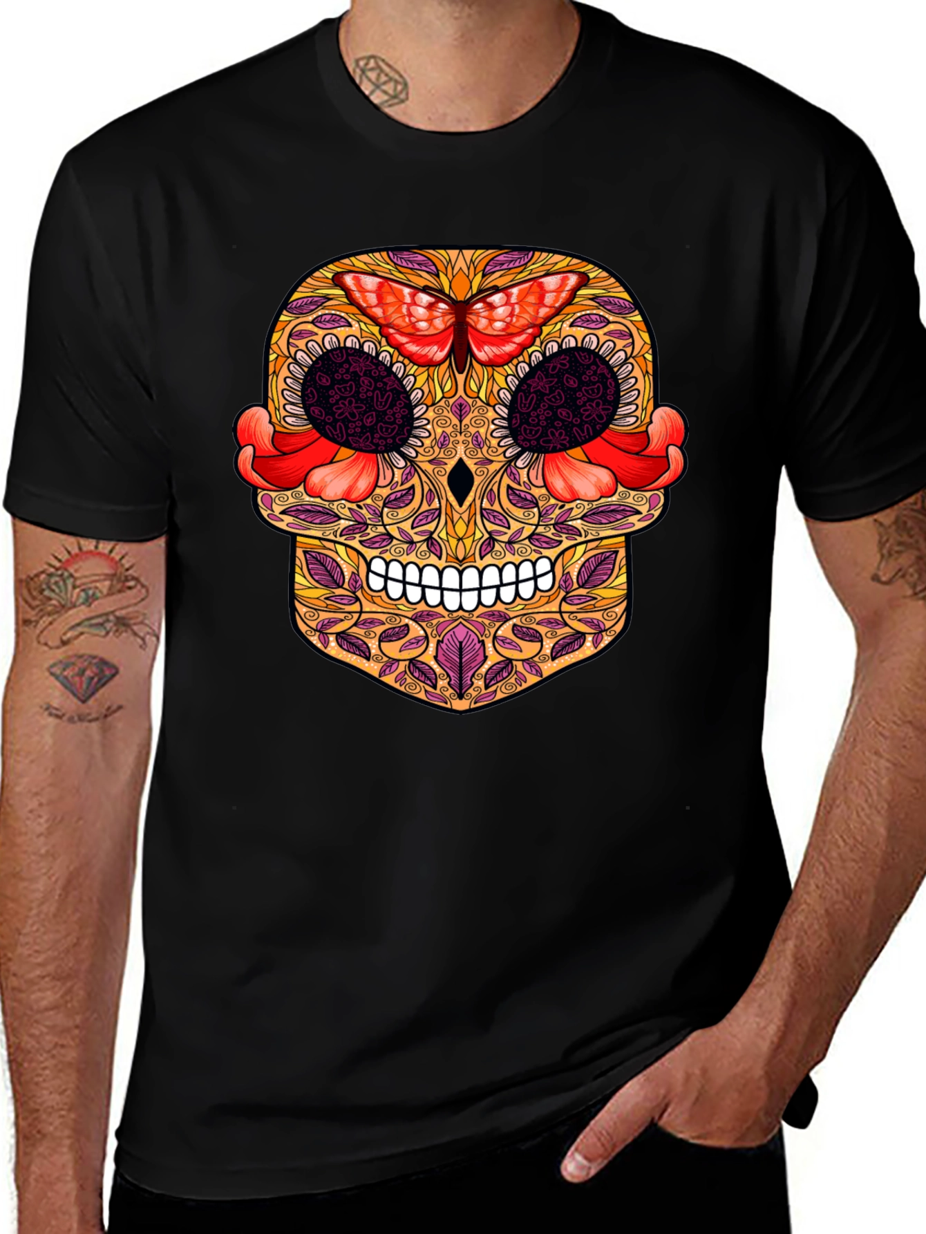 Sugar Skull T-Shirt with Butterfly Design