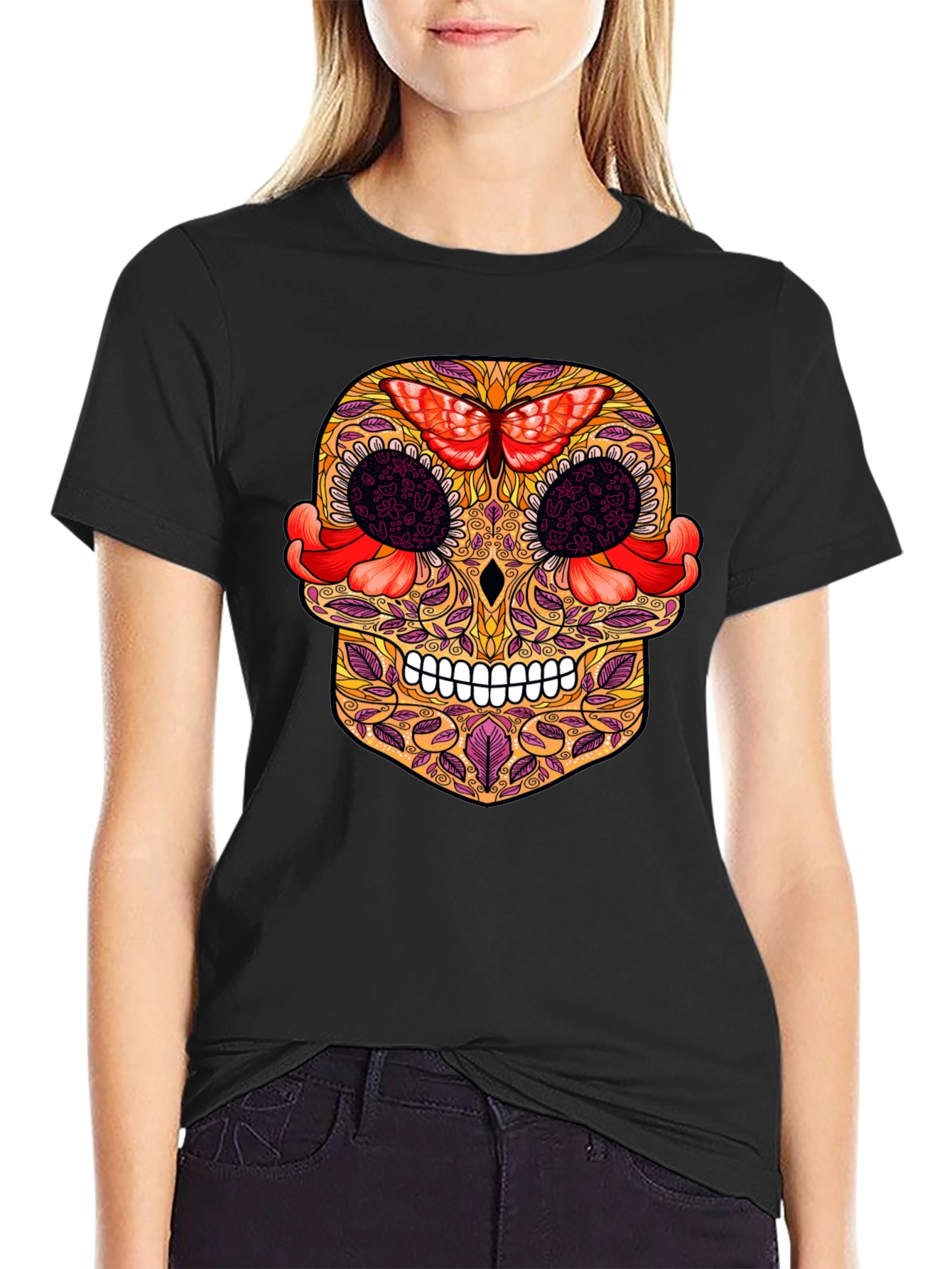 Sugar Skull T-Shirt with Butterfly Design