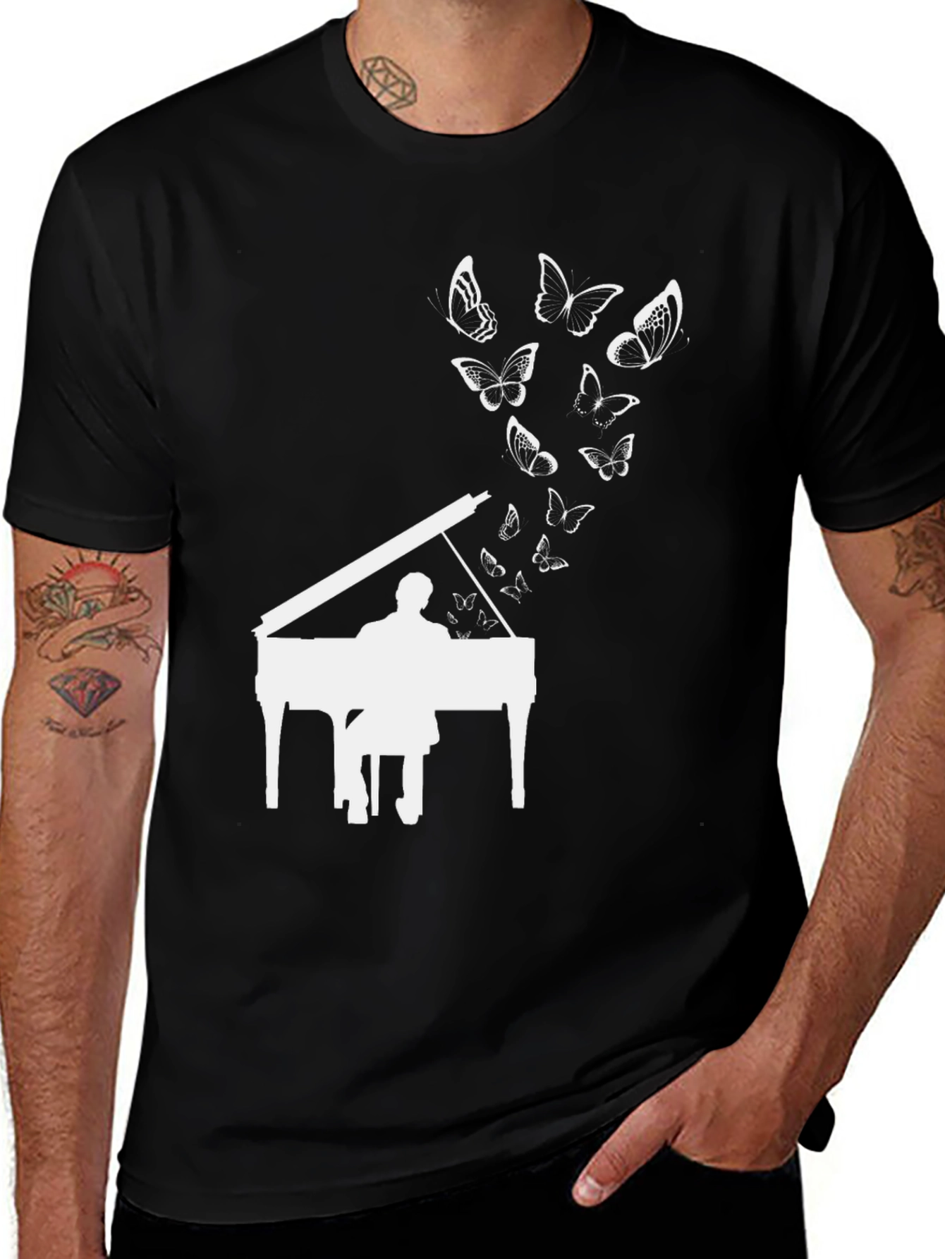 Piano & Butterflies Black Graphic T-Shirt