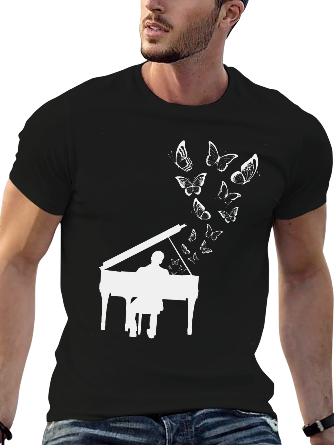 Piano & Butterflies Black Graphic T-Shirt