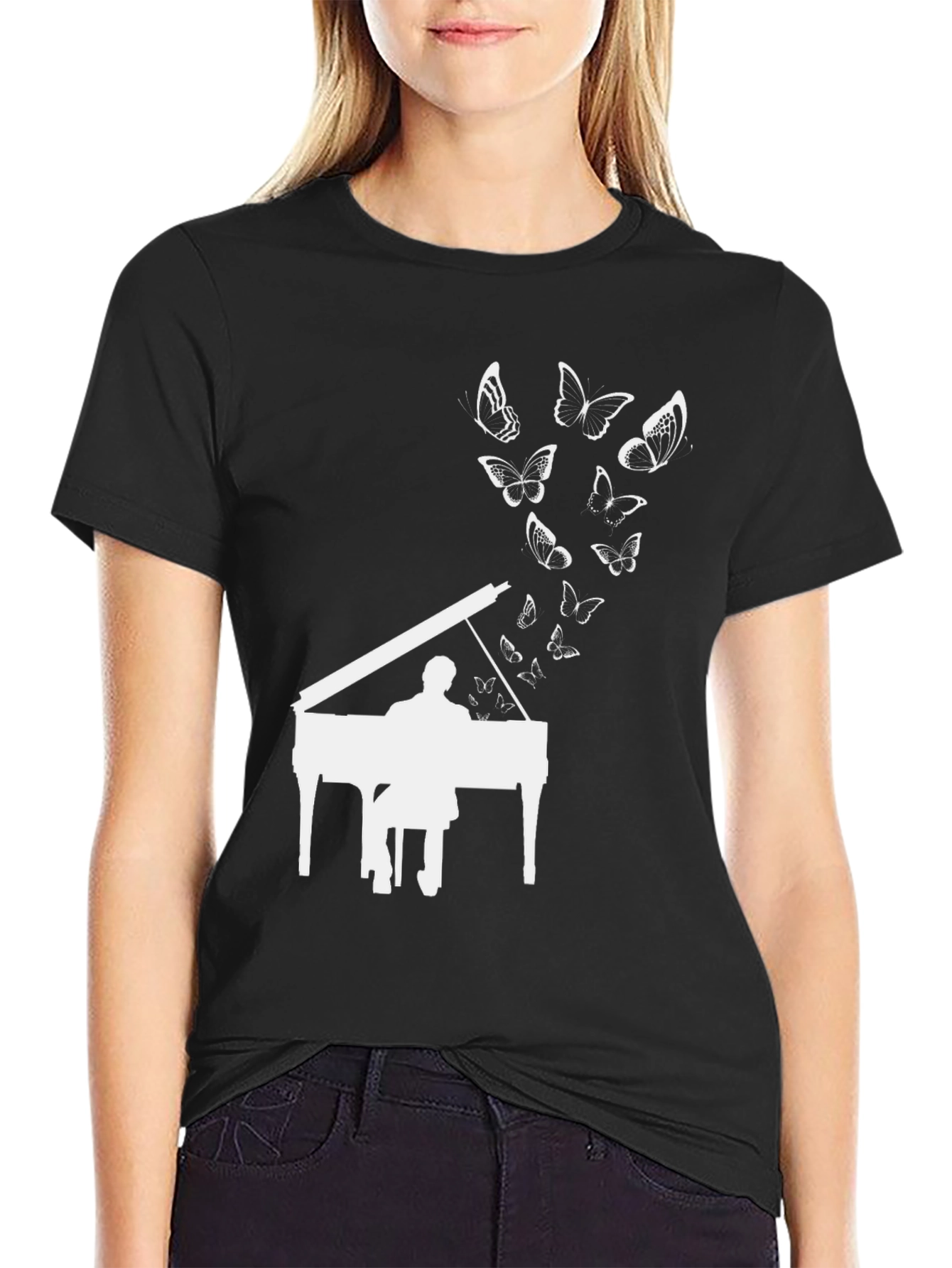 Piano & Butterflies Black Graphic T-Shirt