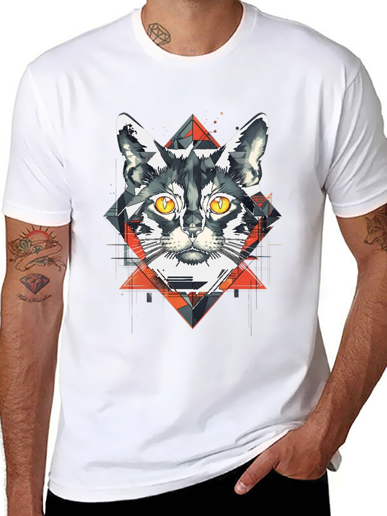 Geometric Cat Graphic Black T-Shirt
