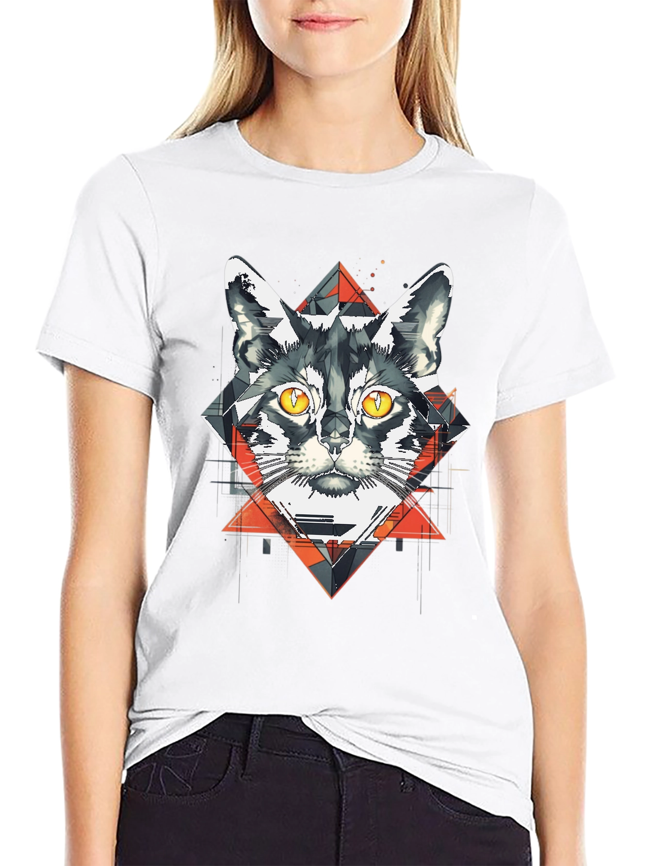 Geometric Cat Graphic Black T-Shirt