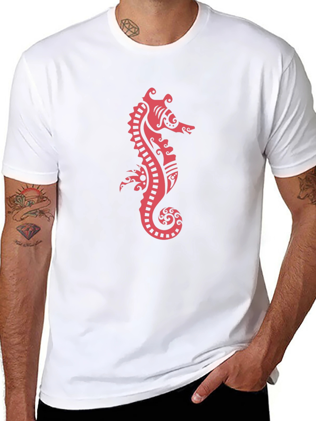 Black Tee with Red Seahorse Print