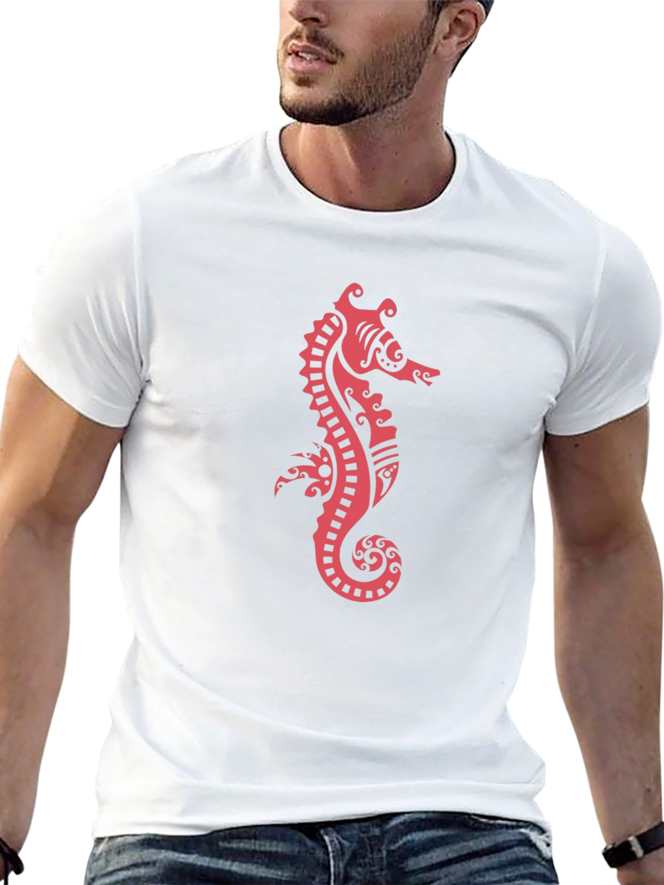 Black Tee with Red Seahorse Print