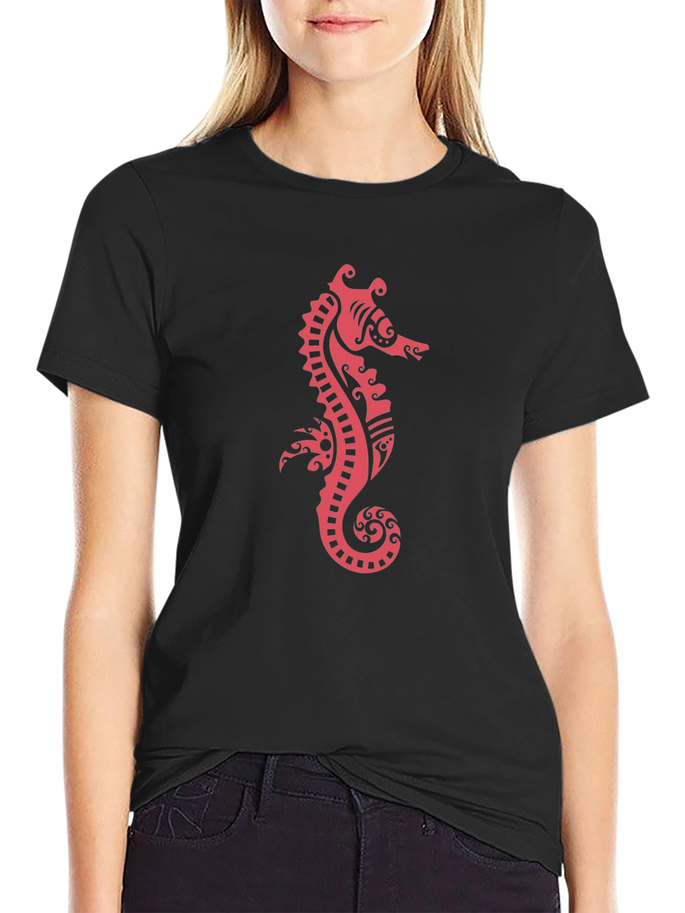 Black Tee with Red Seahorse Print