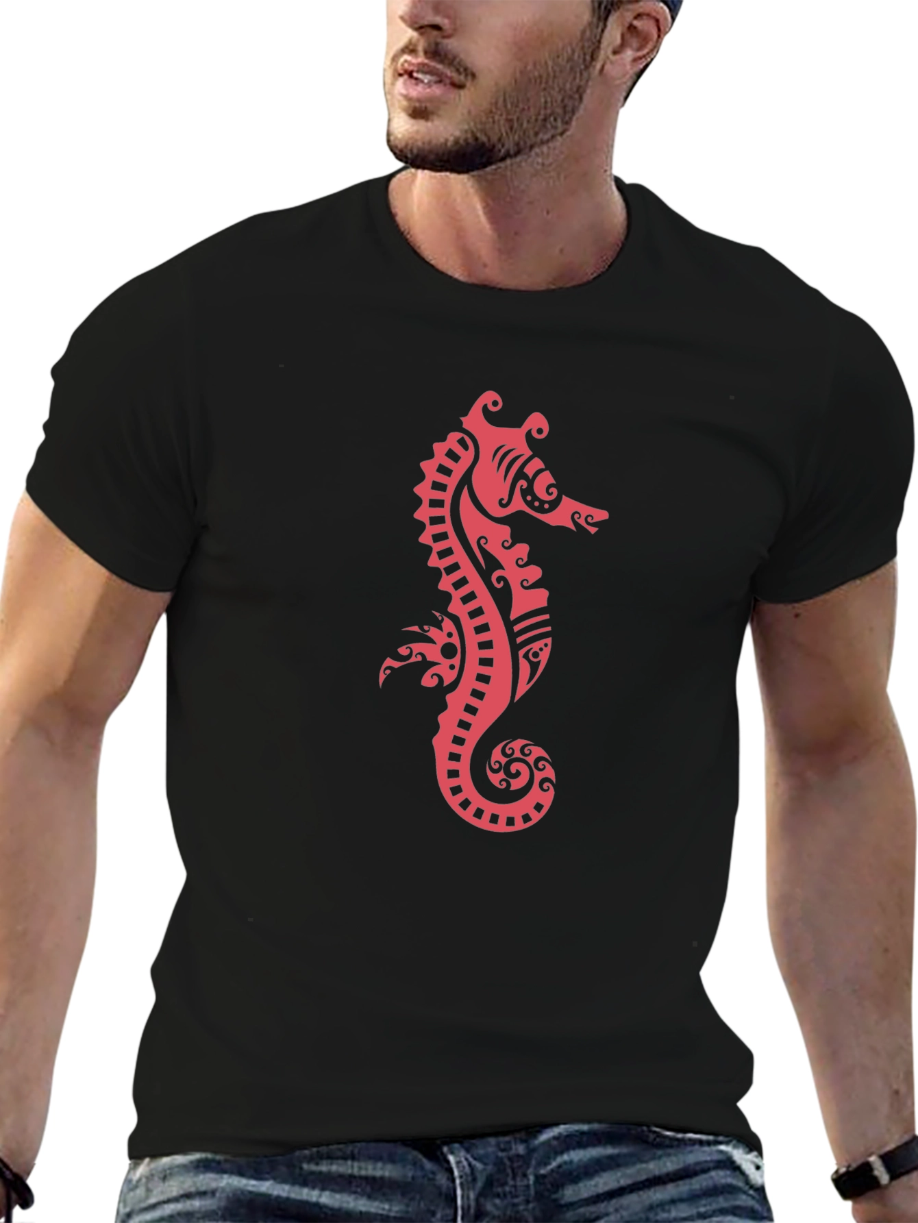 Black Tee with Red Seahorse Print