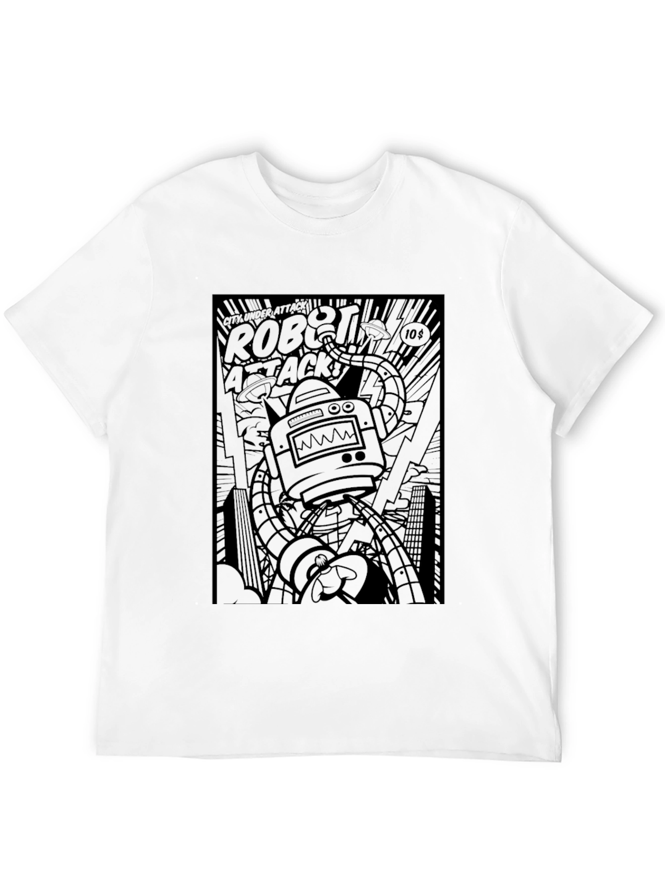 Robot Attack Graphic Tee - Black Comic Book Style