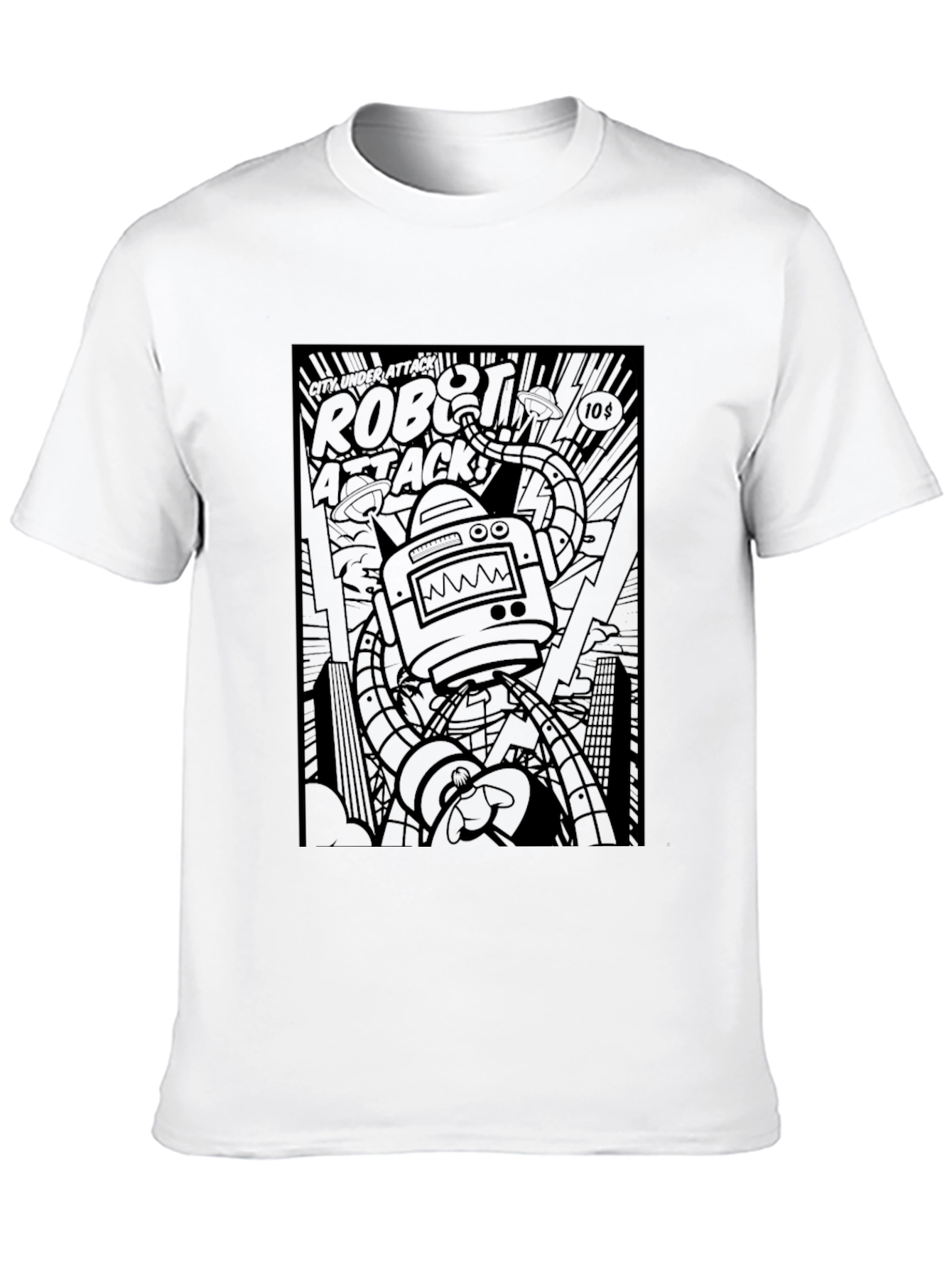 Robot Attack Graphic Tee - Black Comic Book Style