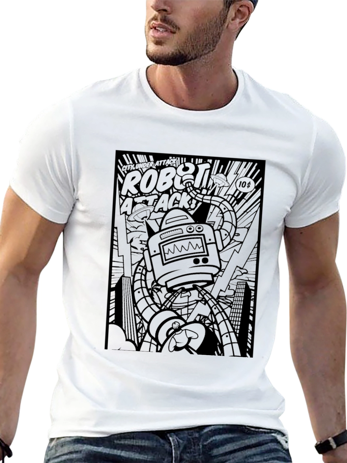 Robot Attack Graphic Tee - Black Comic Book Style